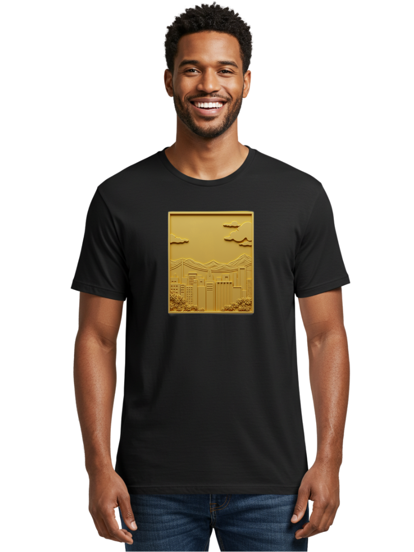 Cityscape Men'S Graphic Tee, 100% Cotton, Comfortable Casual Summer Wear, Machine Washable, Cityscape, Urban Landscape, Modern Architecture, Skyscrapers, Mountains, Clouds, 3D Artwork, Decorative Panel, Gold Tone, City View, Bab760
