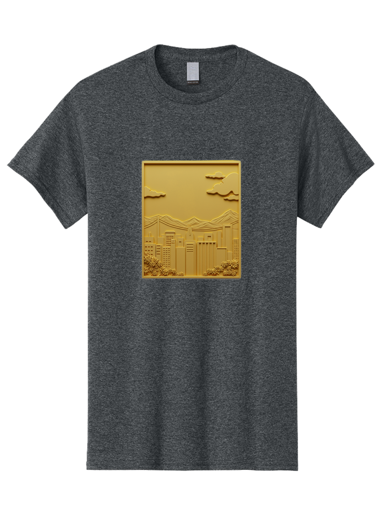 Cityscape Men'S Graphic Tee, 100% Cotton, Comfortable Casual Summer Wear, Machine Washable, Cityscape, Urban Landscape, Modern Architecture, Skyscrapers, Mountains, Clouds, 3D Artwork, Decorative Panel, Gold Tone, City View, Bab760