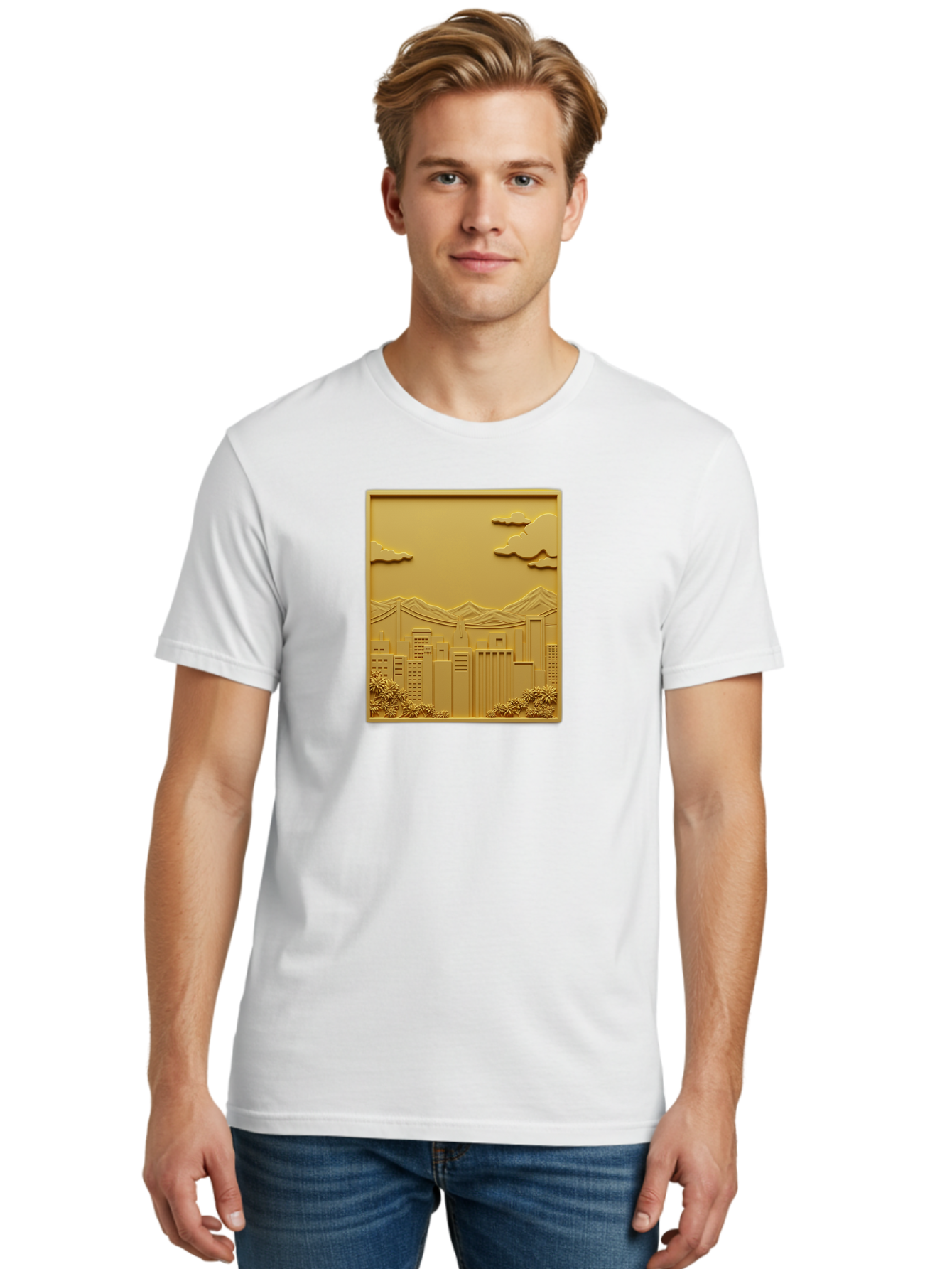 Cityscape Men'S Graphic Tee, 100% Cotton, Comfortable Casual Summer Wear, Machine Washable, Cityscape, Urban Landscape, Modern Architecture, Skyscrapers, Mountains, Clouds, 3D Artwork, Decorative Panel, Gold Tone, City View, Bab760