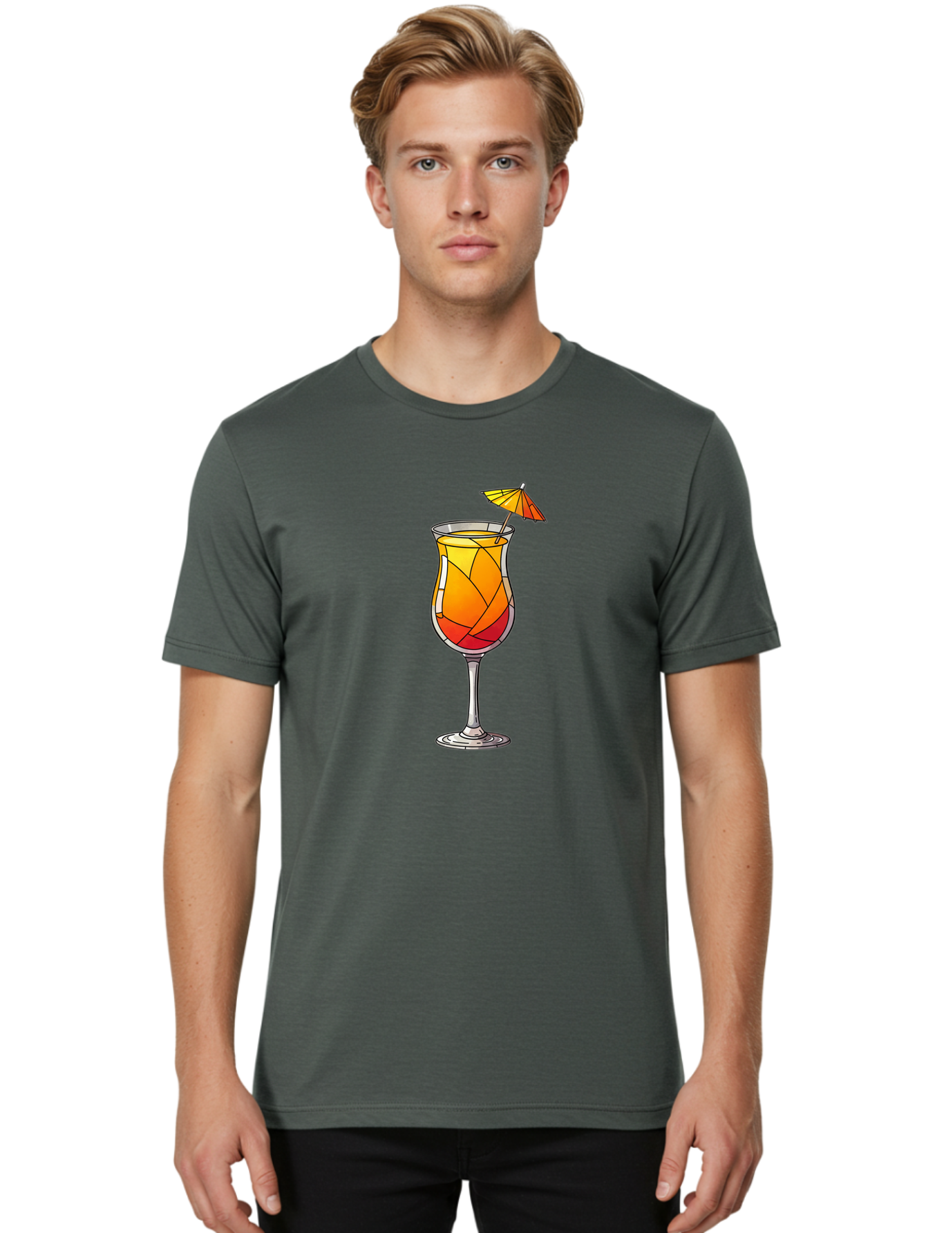 Cocktail-1 Men'S Graphic Tee, 100% Cotton, Comfortable Casual Summer Wear, Machine Washable, Tequila Sunrise Cocktail, Layered Drink, Orange And Red Hues, Umbrella Decoration, Stained Glass Effect, Glassware, Refreshing Beverages, Bab761