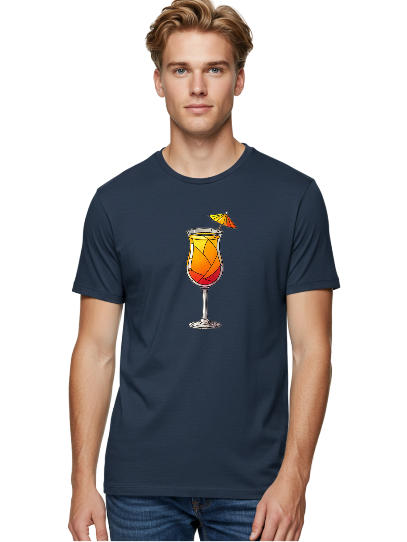 Cocktail-1 Men'S Graphic Tee, 100% Cotton, Comfortable Casual Summer Wear, Machine Washable, Tequila Sunrise Cocktail, Layered Drink, Orange And Red Hues, Umbrella Decoration, Stained Glass Effect, Glassware, Refreshing Beverages, Bab761