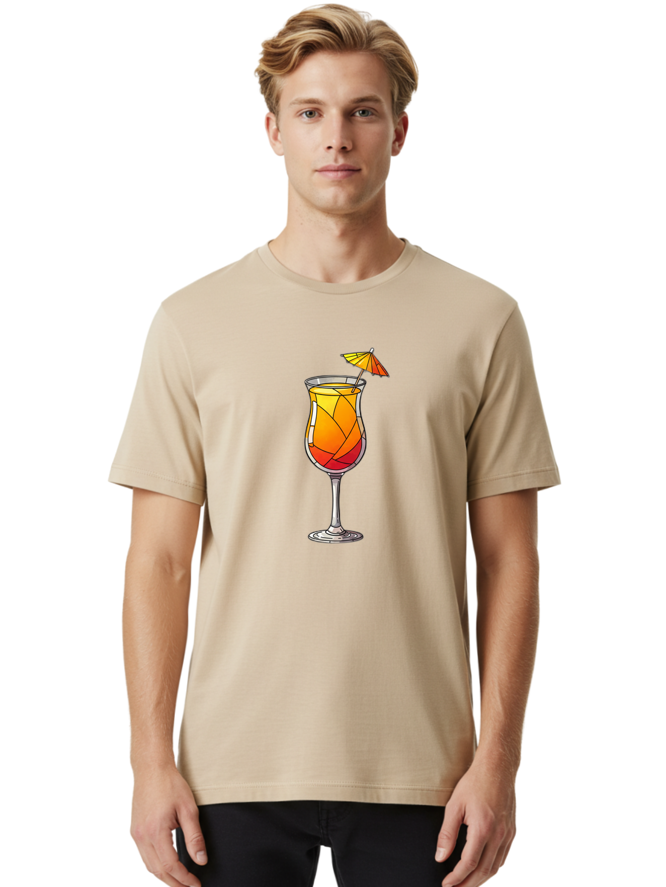 Cocktail-1 Men'S Graphic Tee, 100% Cotton, Comfortable Casual Summer Wear, Machine Washable, Tequila Sunrise Cocktail, Layered Drink, Orange And Red Hues, Umbrella Decoration, Stained Glass Effect, Glassware, Refreshing Beverages, Bab761