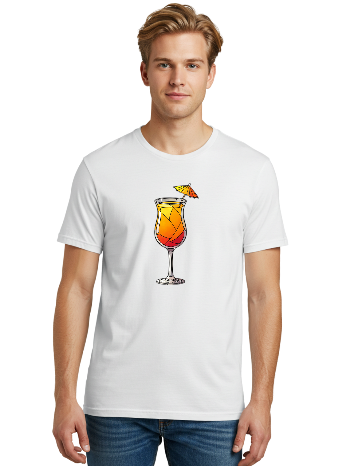 Cocktail-1 Men'S Graphic Tee, 100% Cotton, Comfortable Casual Summer Wear, Machine Washable, Tequila Sunrise Cocktail, Layered Drink, Orange And Red Hues, Umbrella Decoration, Stained Glass Effect, Glassware, Refreshing Beverages, Bab761