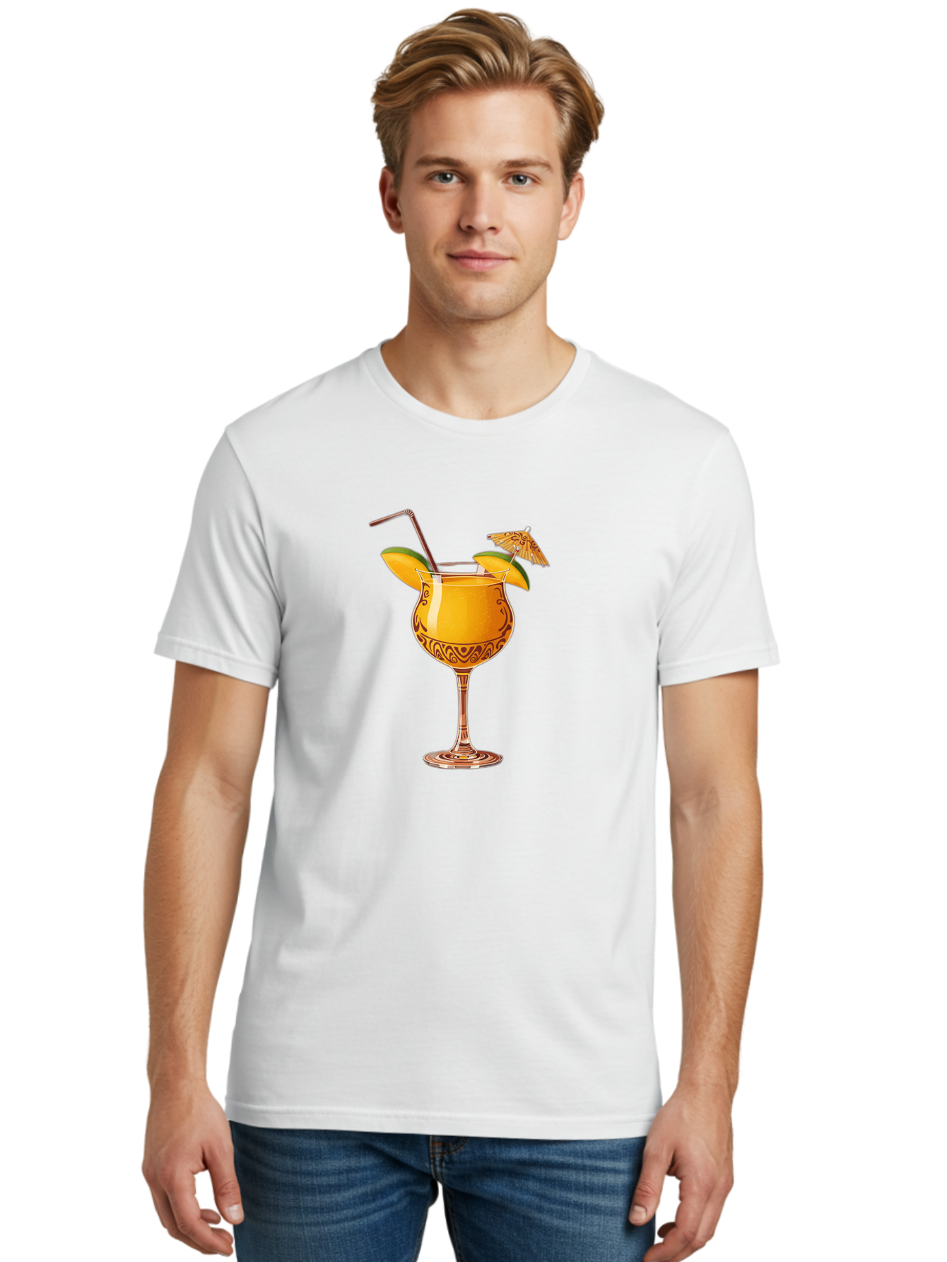 Cocktail-2 Men'S Graphic Tee, 100% Cotton, Comfortable Casual Summer Wear, Machine Washable, Tropical Cocktail, Orange Drink, Elegant Glass, Straw, Paper Umbrella, Exotic Flavors, Summer Fun, Refreshing Drink, Citrus Twist, Party Atmosphere Bab762