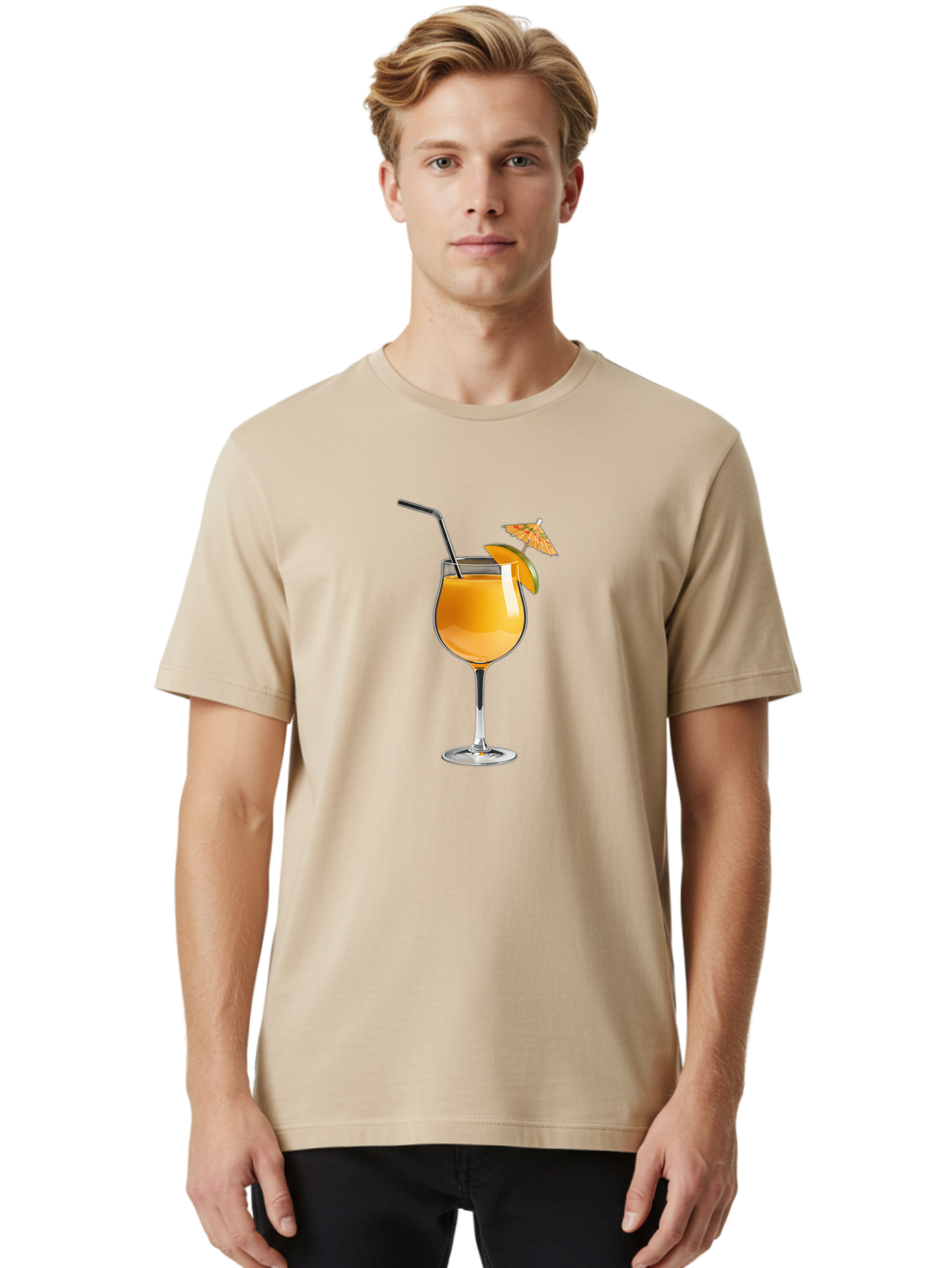 Cocktail-Glass Men'S Graphic Tee, 100% Cotton, Comfortable Casual Summer Wear, Machine Washable, Orange Cocktail, Refreshing Drink, Summer Beverage, Citrus Flavor, Tall Glass, Elegant Stemware, Metal Straw, Paper Umbrella, Orange Slice, Bab764