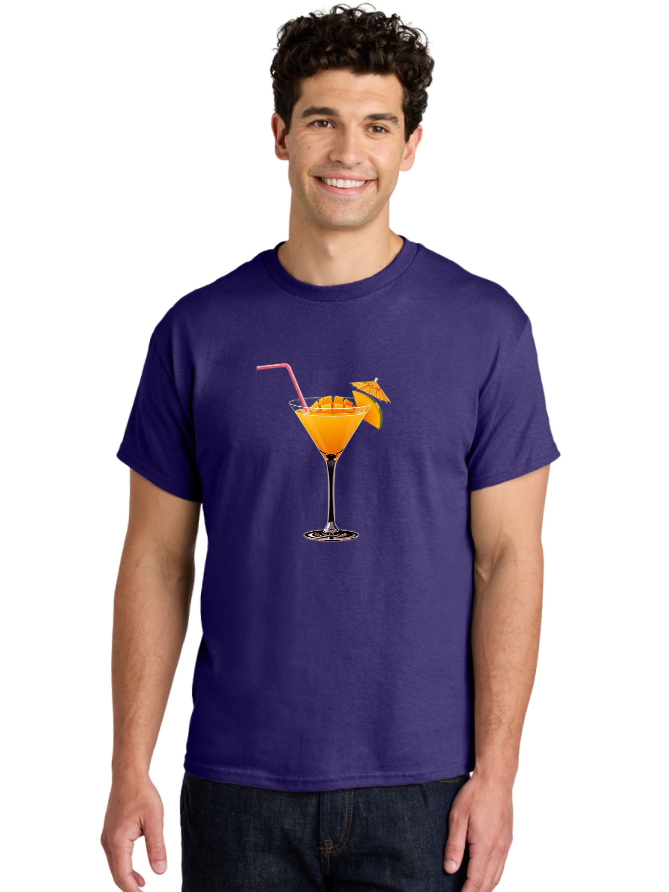 Cocktail-With-Umbrella Men'S Graphic Tee, 100% Cotton, Comfortable Casual Summer Wear, Machine Washable, Martini Glass, Orange Cocktail, Straw, Umbrella, Orange Slice, Summer Drink, Refreshing Beverage, Citrus Flavor, Cocktail Hour, Happy Hour Bab765