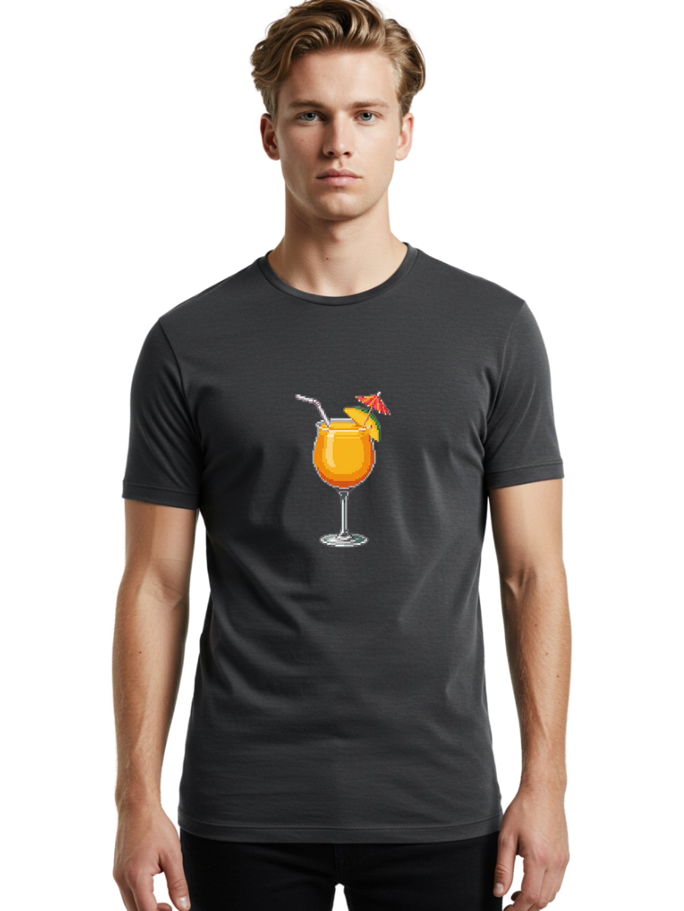 Cocktail Men'S Graphic Tee, 100% Cotton, Comfortable Casual Summer Wear, Machine Washable, Orange Cocktail, Margarita Glass, Garnished Drink, Cocktail Straw, Orange Slice, Red Umbrella, Digital Illustration, Pixel Art Bab766