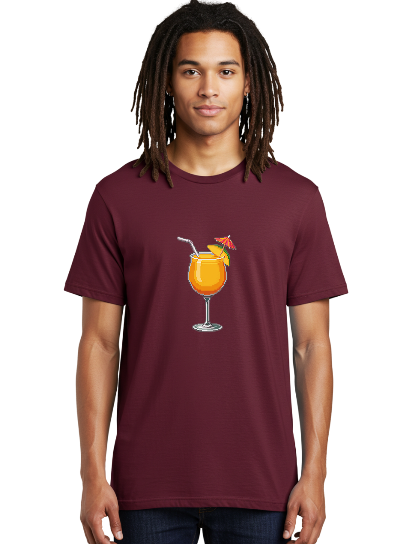 Cocktail Men'S Graphic Tee, 100% Cotton, Comfortable Casual Summer Wear, Machine Washable, Orange Cocktail, Margarita Glass, Garnished Drink, Cocktail Straw, Orange Slice, Red Umbrella, Digital Illustration, Pixel Art Bab766