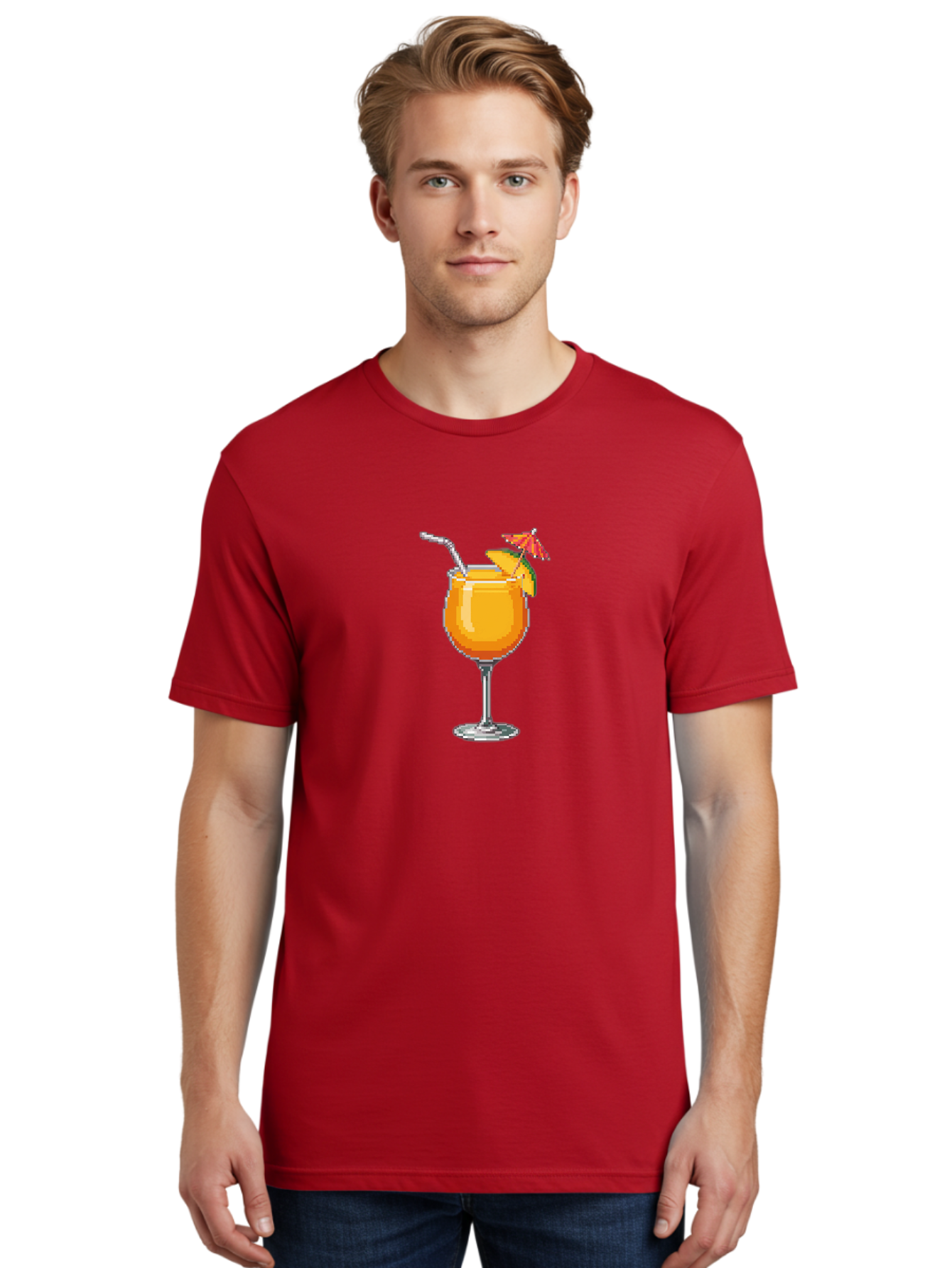 Cocktail Men'S Graphic Tee, 100% Cotton, Comfortable Casual Summer Wear, Machine Washable, Orange Cocktail, Margarita Glass, Garnished Drink, Cocktail Straw, Orange Slice, Red Umbrella, Digital Illustration, Pixel Art Bab766