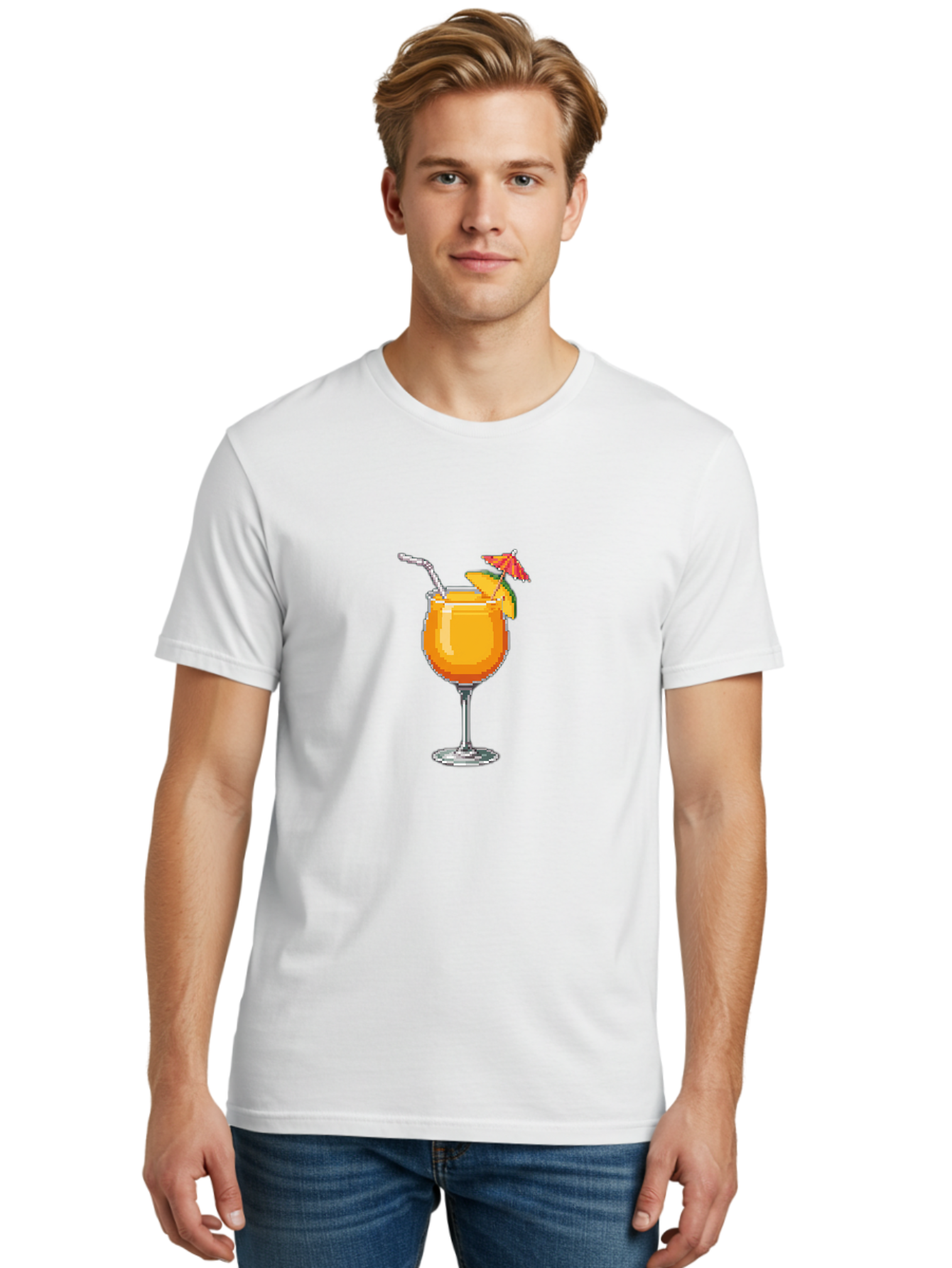 Cocktail Men'S Graphic Tee, 100% Cotton, Comfortable Casual Summer Wear, Machine Washable, Orange Cocktail, Margarita Glass, Garnished Drink, Cocktail Straw, Orange Slice, Red Umbrella, Digital Illustration, Pixel Art Bab766