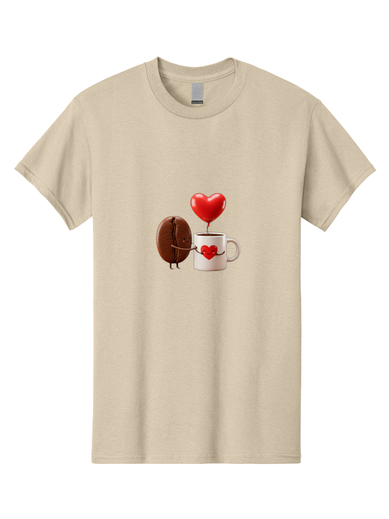 Coffee-Bean-And-Heart Men'S Graphic Tee, 100% Cotton, Comfortable Casual Summer Wear, Machine Washable, Cartoon Coffee Bean, Smiling Coffee Mug, Red Heart Balloon, Love Coffee, Adorable Characters, Coffee Lovers, Cute Illustration, Bab771