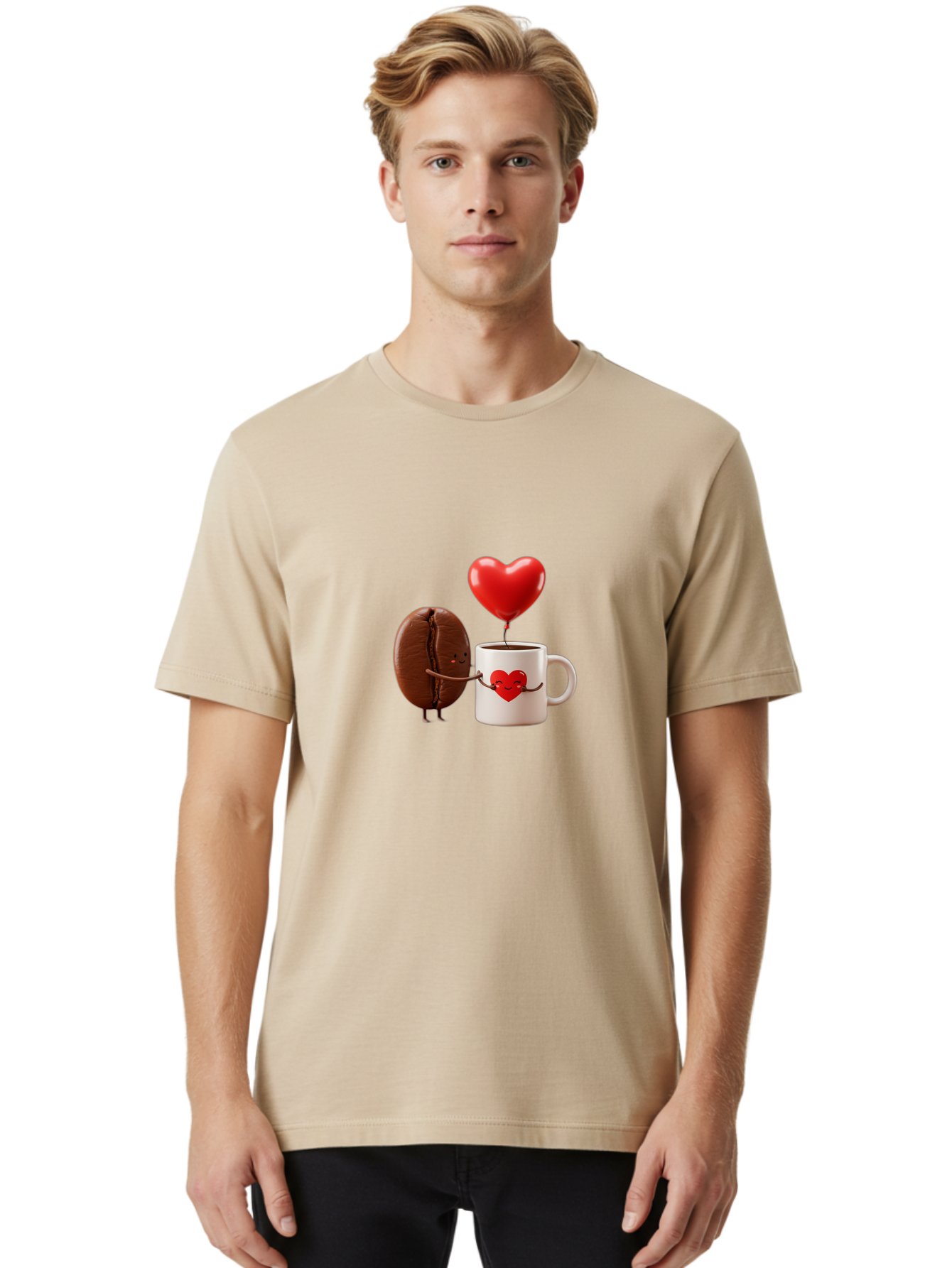 Coffee-Bean-And-Heart Men'S Graphic Tee, 100% Cotton, Comfortable Casual Summer Wear, Machine Washable, Cartoon Coffee Bean, Smiling Coffee Mug, Red Heart Balloon, Love Coffee, Adorable Characters, Coffee Lovers, Cute Illustration, Bab771