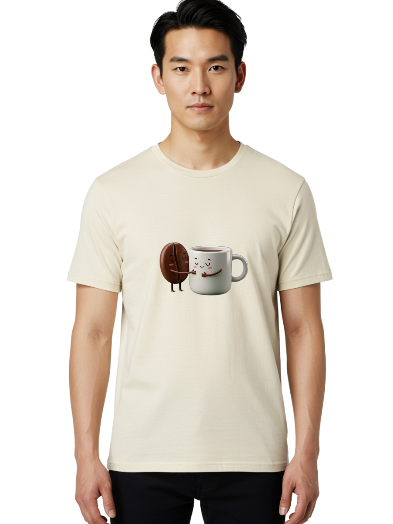 Coffee-Bean-And-Mug Men'S Graphic Tee, 100% Cotton, Comfortable Casual Summer Wear, Machine Washable, Cartoon Coffee Bean, Coffee Mug, Winking Faces, Playful Interaction, Coffee Culture, Happy Coffee, Morning Coffee, Coffee Lovers, Bab772