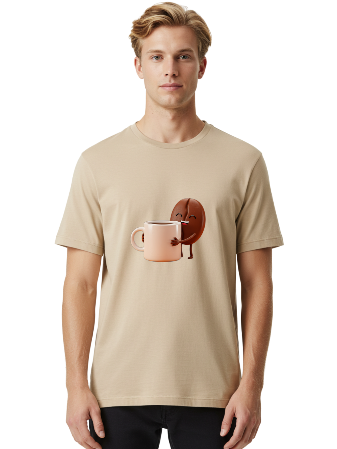 Coffee-Bean-Character-1 Men'S Graphic Tee, 100% Cotton, Comfortable Casual Summer Wear, Machine Washable, Cartoon Coffee Bean, Happy Character, Coffee Mug, Coffee Lover, Morning Pick-Me-Up, Caffeine Fix, Coffee Culture, Funny Illustration, Bab773