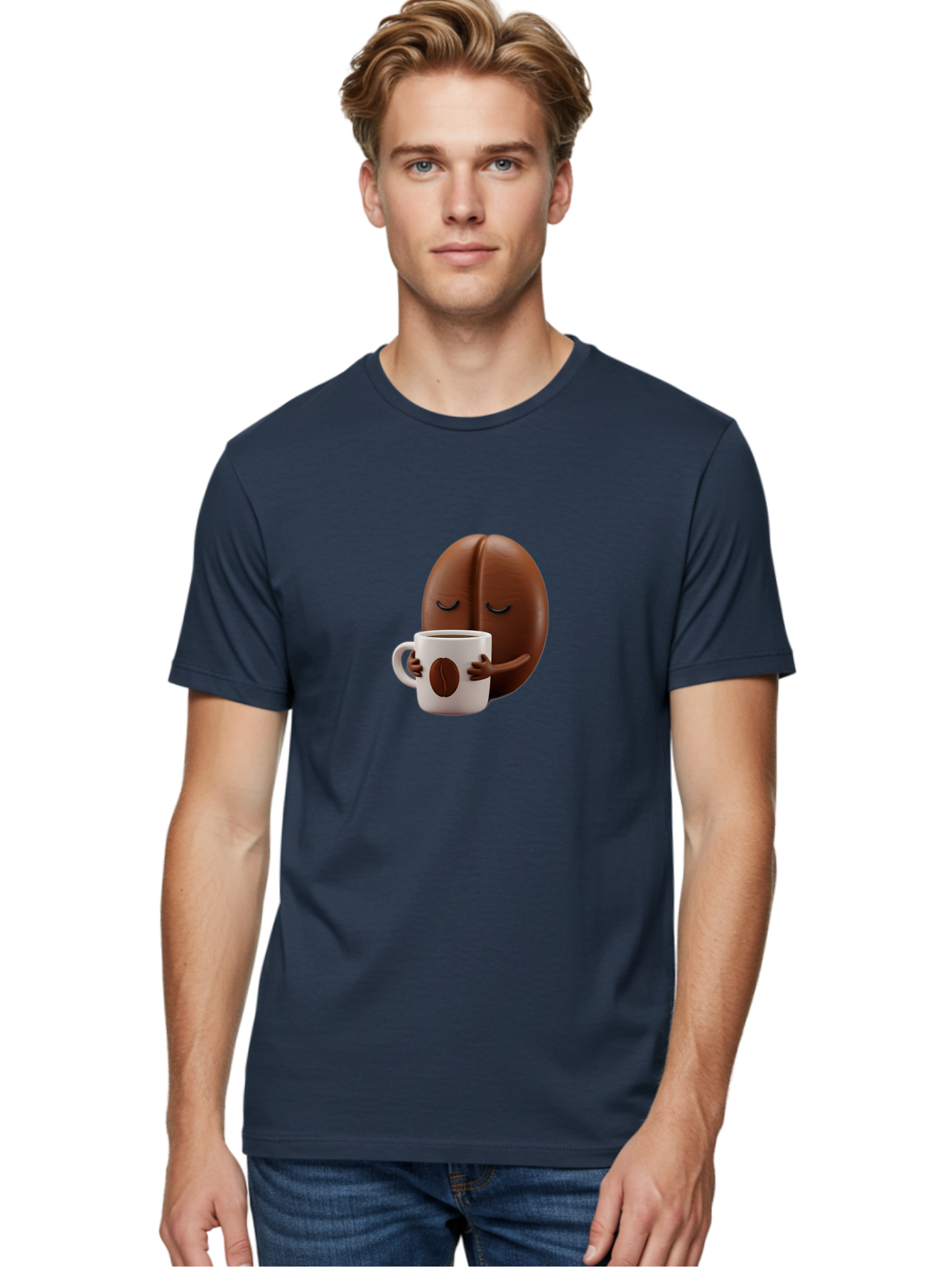Coffee-Bean-Character-2 Men'S Graphic Tee, 100% Cotton, Comfortable Casual Summer Wear, Machine Washable, Cartoon Coffee Bean, Coffee Mug, Relaxed Atmosphere, Happy Character, Coffee Break, Morning Coffee, Caffeine Boost, Coffee Lover, Bab774