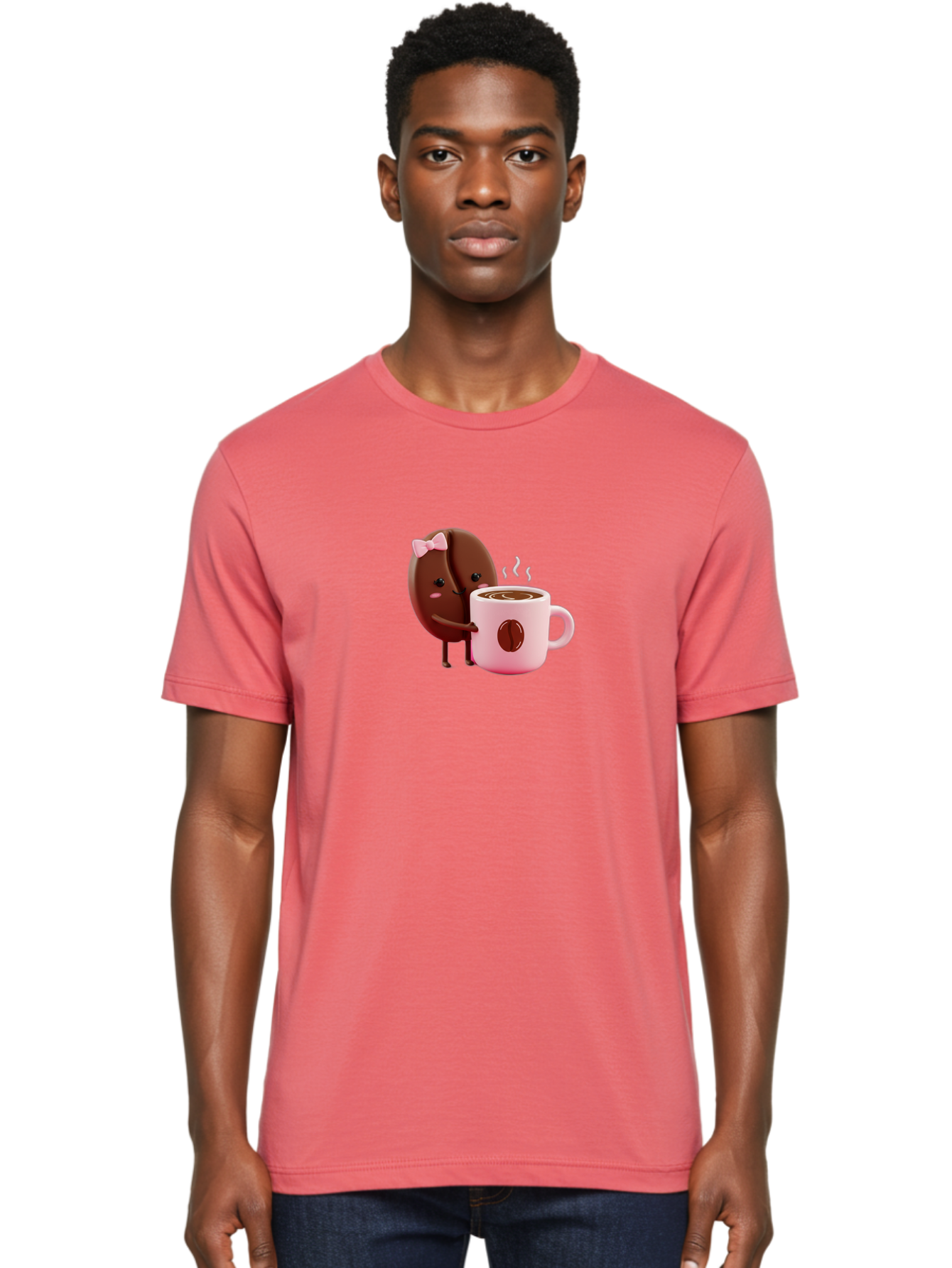 Coffee-Bean-Character-3 Men'S Graphic Tee, 100% Cotton, Comfortable Casual Summer Wear, Machine Washable, Cartoon Coffee Bean, Pink Bow, Coffee Mug, Hot Coffee, Adorable Character, Steaming Coffee, Coffee Lover, Cute Illustration, Bab775