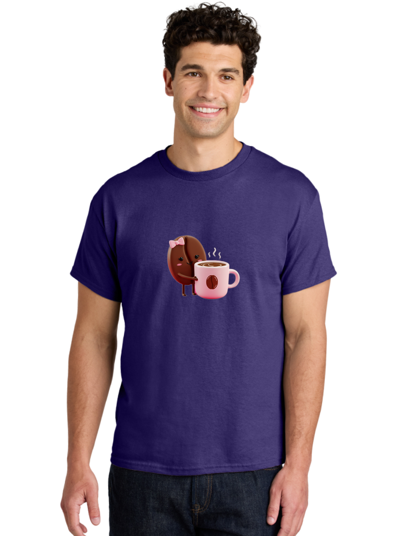 Coffee-Bean-Character-3 Men'S Graphic Tee, 100% Cotton, Comfortable Casual Summer Wear, Machine Washable, Cartoon Coffee Bean, Pink Bow, Coffee Mug, Hot Coffee, Adorable Character, Steaming Coffee, Coffee Lover, Cute Illustration, Bab775