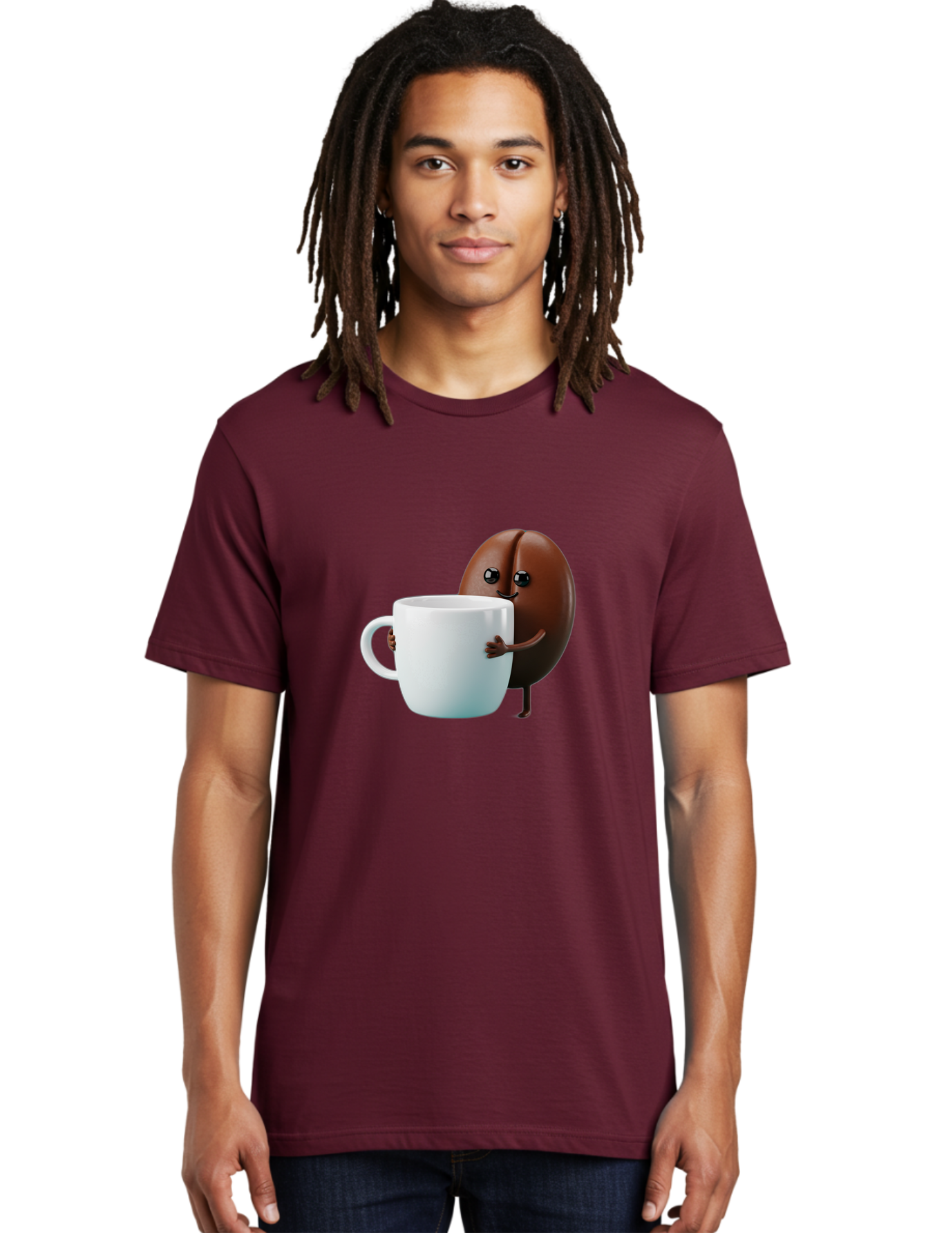 Coffee-Bean-Character Men'S Graphic Tee, 100% Cotton, Comfortable Casual Summer Wear, Machine Washable, Cartoon Coffee Bean, Holding Coffee Mug, Happy Face, Cute Character, Coffee Lover, Morning Pick-Me-Up, Coffee Culture, Fun Design, Bab777