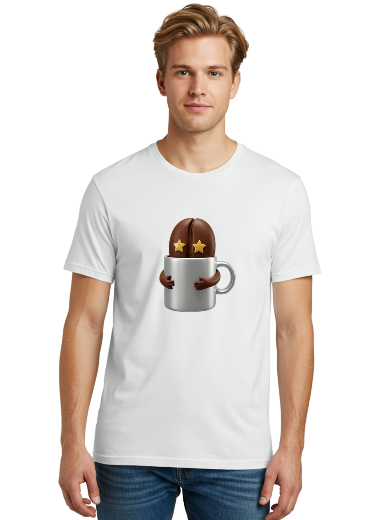 Coffee-Bean-In-A-Cup Men'S Graphic Tee, 100% Cotton, Comfortable Casual Summer Wear, Machine Washable, Coffee Bean Character, Coffee Cup, Cute Illustration, Cartoon Coffee, Coffee Culture, Coffee Love, Morning Coffee, Coffee Beans, Coffee Art Bab778