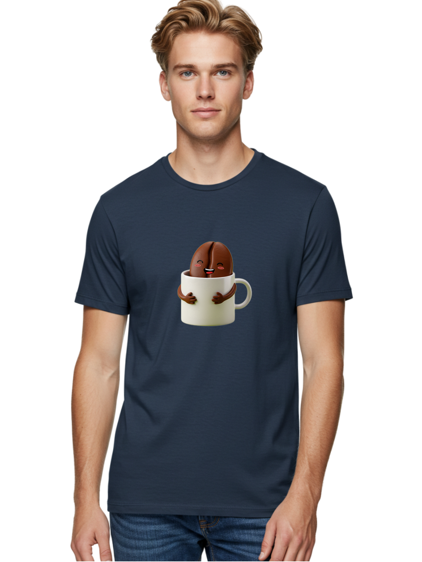 Coffee-Bean-In-Cup Men'S Graphic Tee, 100% Cotton, Comfortable Casual Summer Wear, Machine Washable, Chocolate-Covered Coffee Bean, Coffee Lover, Cute Cartoon Character, Funny Beverage, Happy Face, Quirky Design, Coffee Break, Bab779