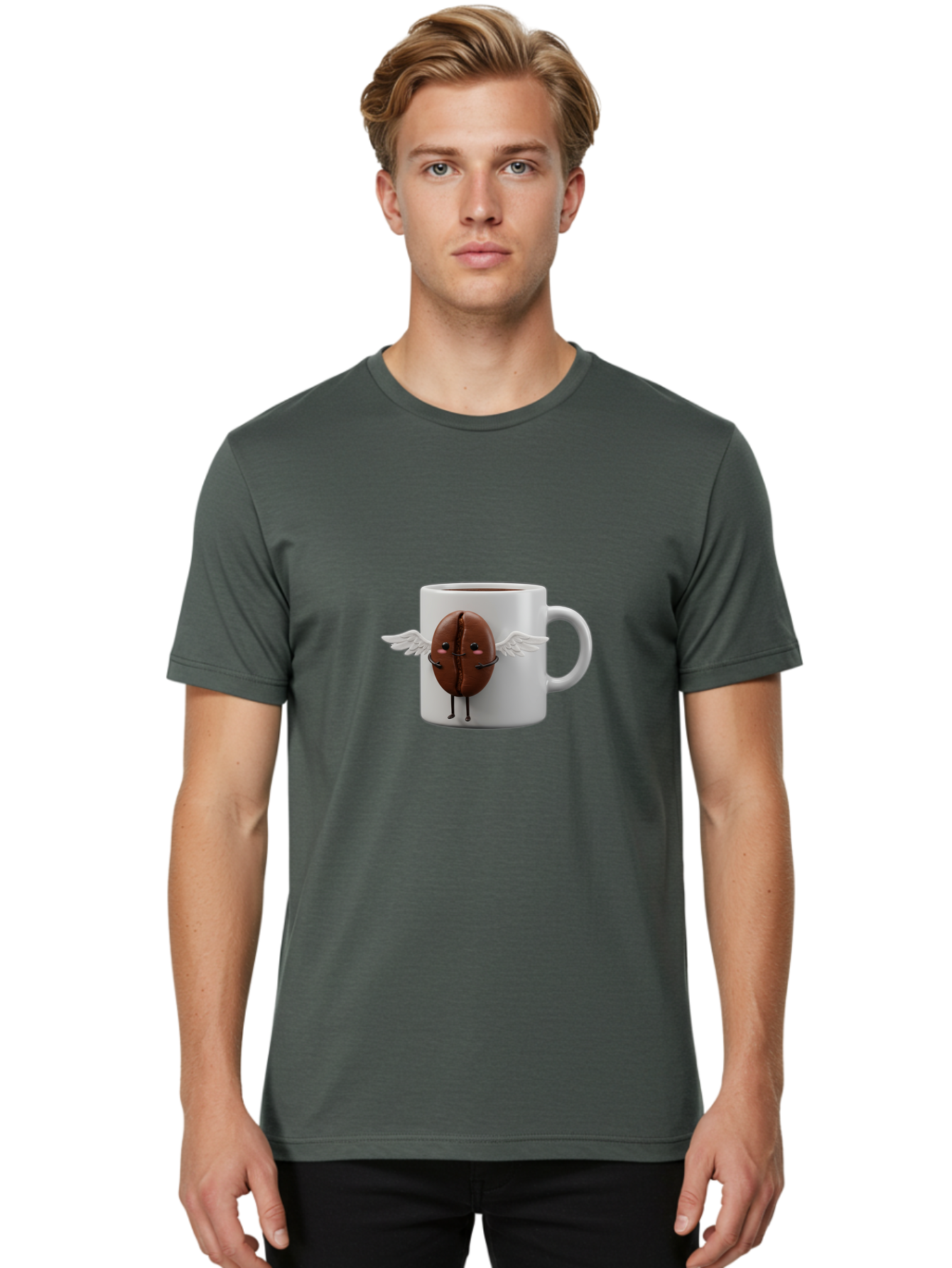 Coffee-Bean-Mug Men'S Graphic Tee, 100% Cotton, Comfortable Casual Summer Wear, Machine Washable, Coffee Mug, Funny Design, Cartoon Coffee Bean, White Wings, Adorable Face, Morning Coffee, Coffee Lover, Coffee Culture, Quirky Accessories Bab780