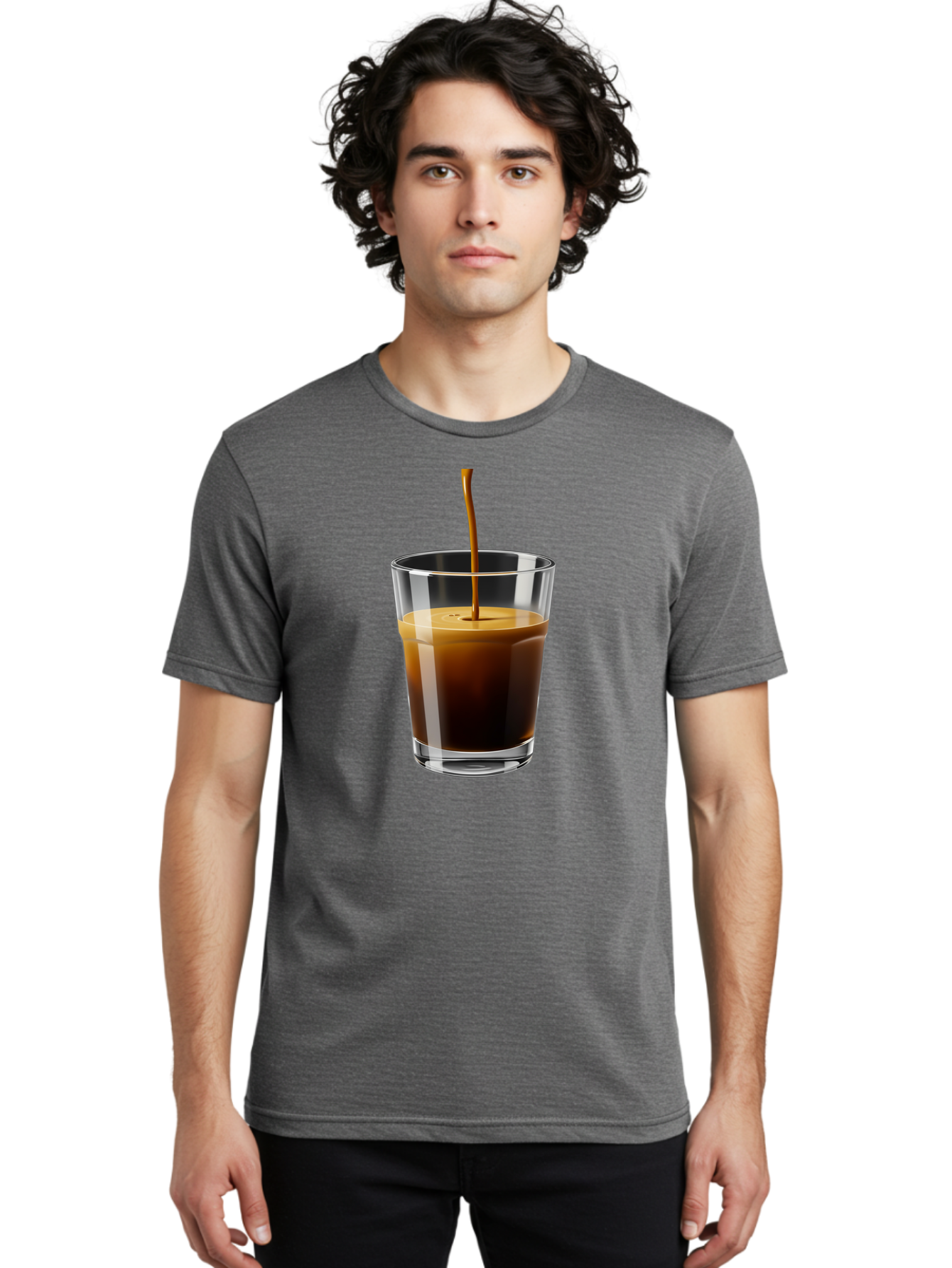 Coffee-Being-Poured-Into-A-Glass Men'S Graphic Tee, 100% Cotton, Comfortable Casual Summer Wear, Machine Washable, Coffee Being Poured, Espresso In Glass, Dark Brown Liquid, Coffee Drink, Beverage, Drinkware, Transparent Glass Bab783