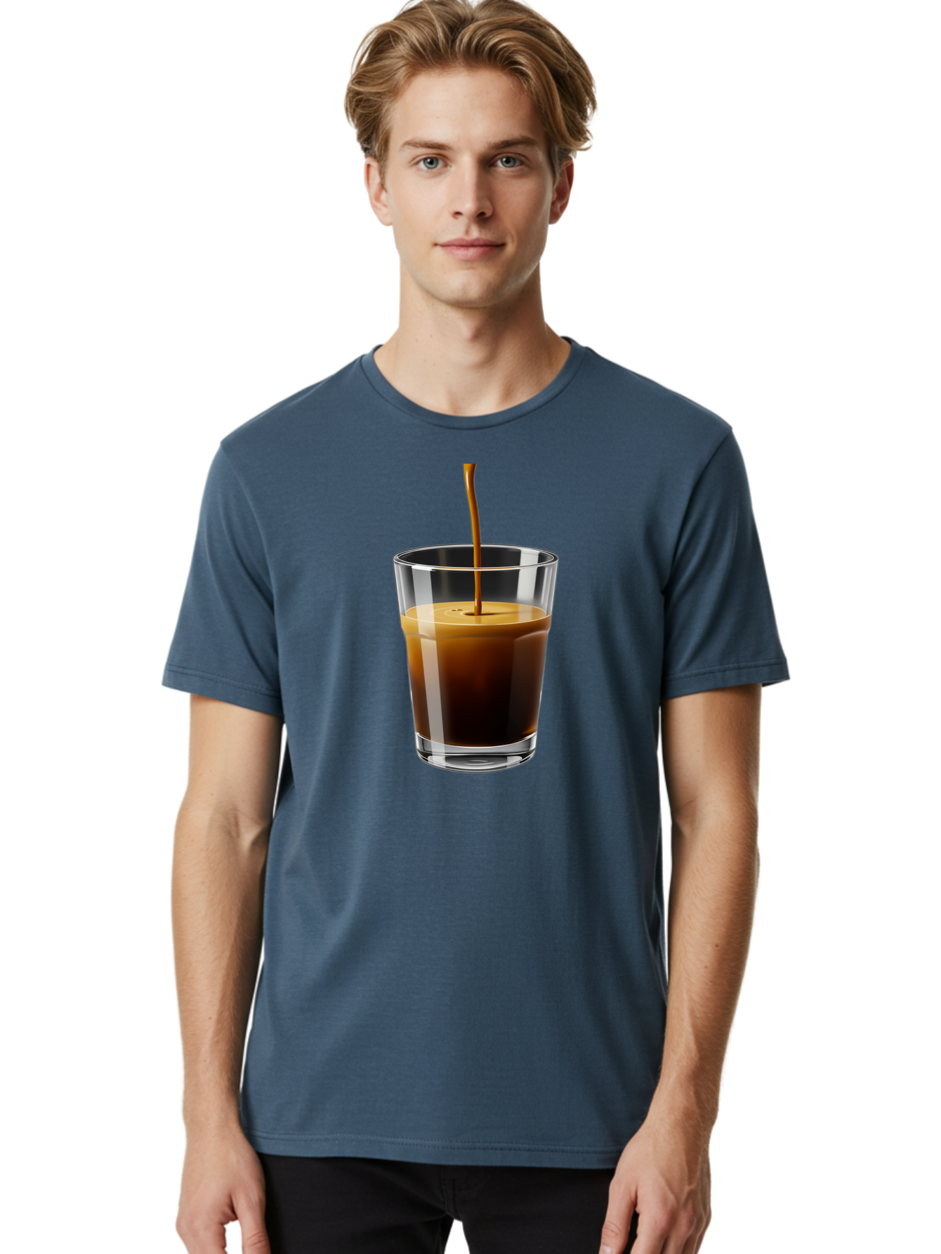 Coffee-Being-Poured-Into-A-Glass Men'S Graphic Tee, 100% Cotton, Comfortable Casual Summer Wear, Machine Washable, Coffee Being Poured, Espresso In Glass, Dark Brown Liquid, Coffee Drink, Beverage, Drinkware, Transparent Glass Bab783