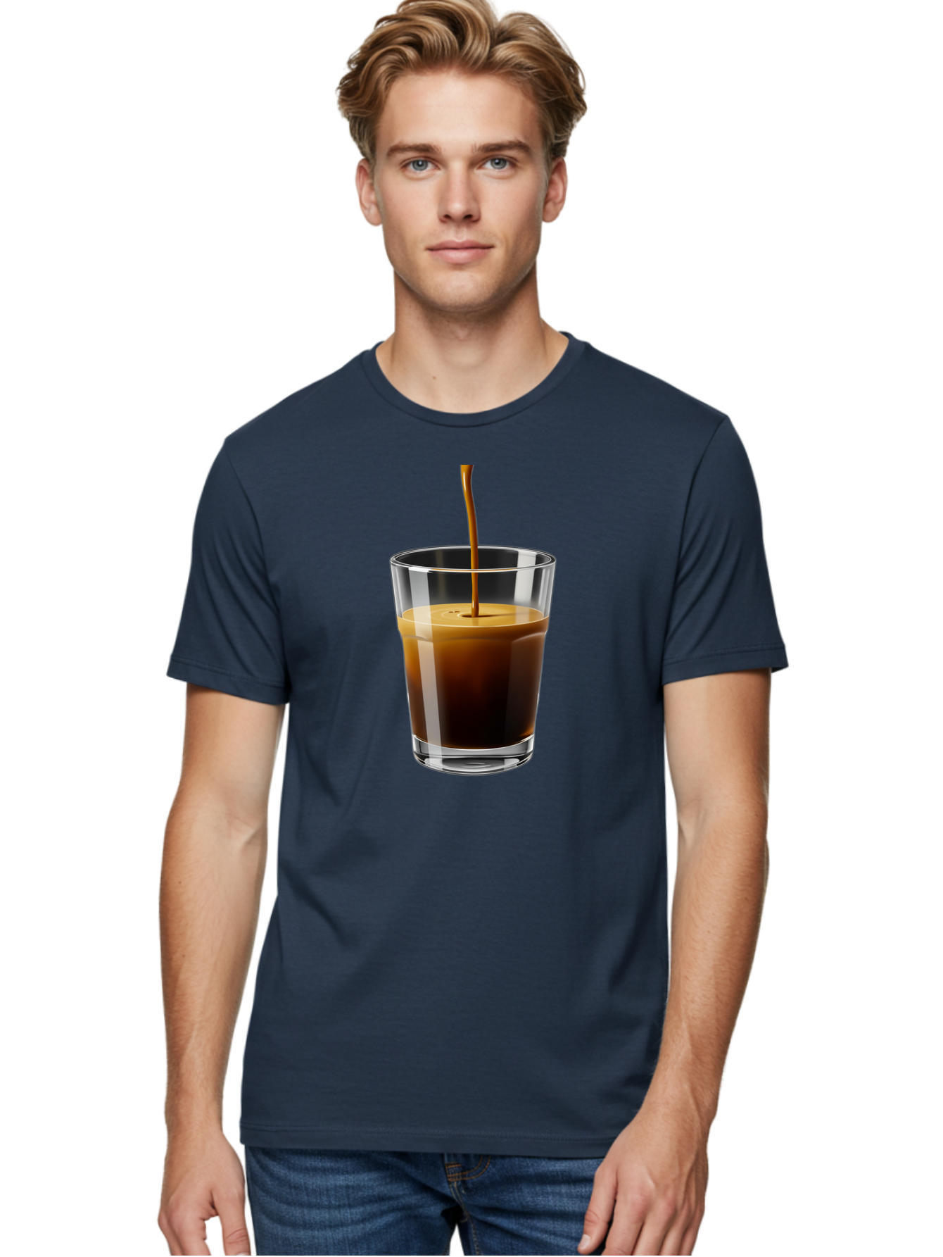 Coffee-Being-Poured-Into-A-Glass Men'S Graphic Tee, 100% Cotton, Comfortable Casual Summer Wear, Machine Washable, Coffee Being Poured, Espresso In Glass, Dark Brown Liquid, Coffee Drink, Beverage, Drinkware, Transparent Glass Bab783