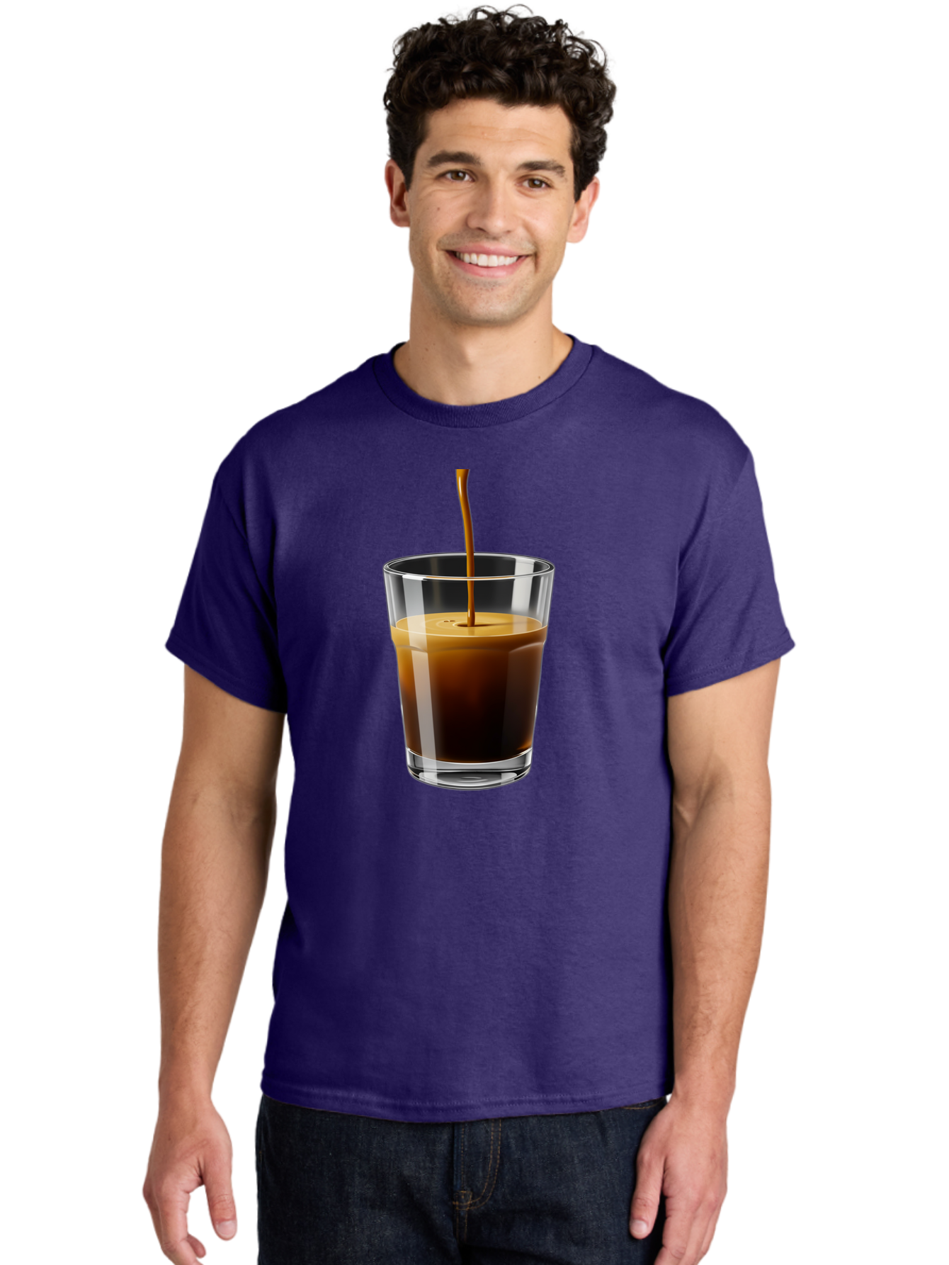 Coffee-Being-Poured-Into-A-Glass Men'S Graphic Tee, 100% Cotton, Comfortable Casual Summer Wear, Machine Washable, Coffee Being Poured, Espresso In Glass, Dark Brown Liquid, Coffee Drink, Beverage, Drinkware, Transparent Glass Bab783