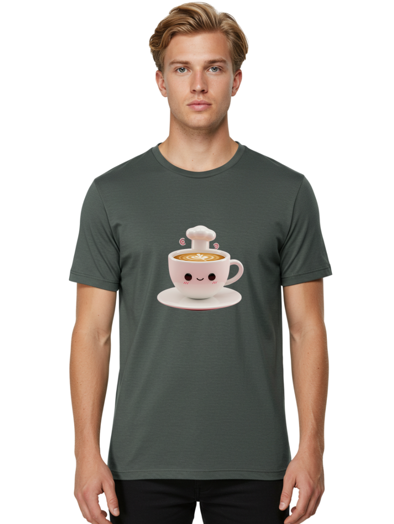 Coffee-Cup-4 Men'S Graphic Tee, 100% Cotton, Comfortable Casual Summer Wear, Machine Washable, Cute Coffee Cup, Cartoon Character, Coffee Latte Art, Smiley Face, Kawaii Culture, Coffee Break, Morning Pick-Me-Up, Adorable Design Bab789