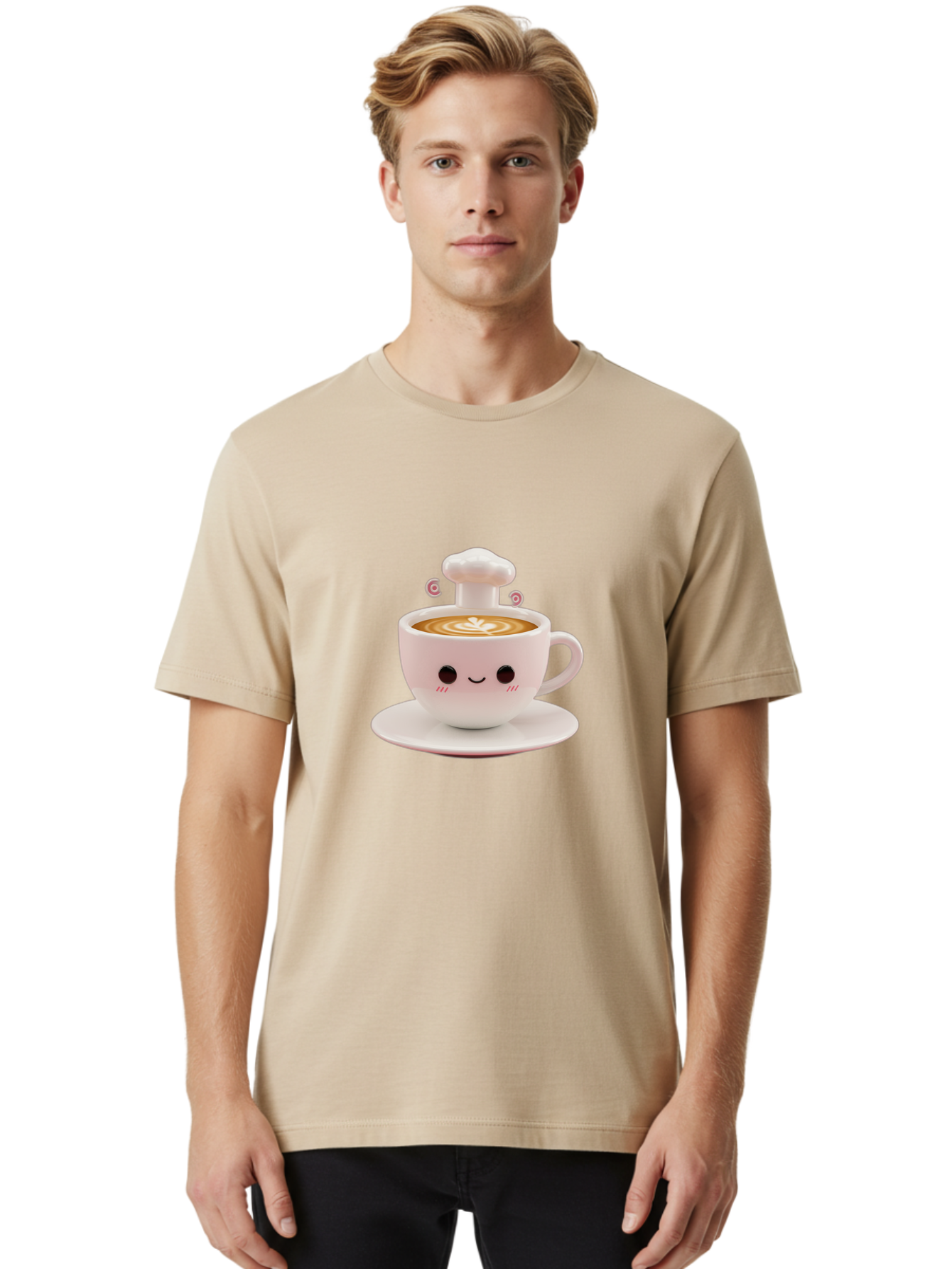 Coffee-Cup-4 Men'S Graphic Tee, 100% Cotton, Comfortable Casual Summer Wear, Machine Washable, Cute Coffee Cup, Cartoon Character, Coffee Latte Art, Smiley Face, Kawaii Culture, Coffee Break, Morning Pick-Me-Up, Adorable Design Bab789
