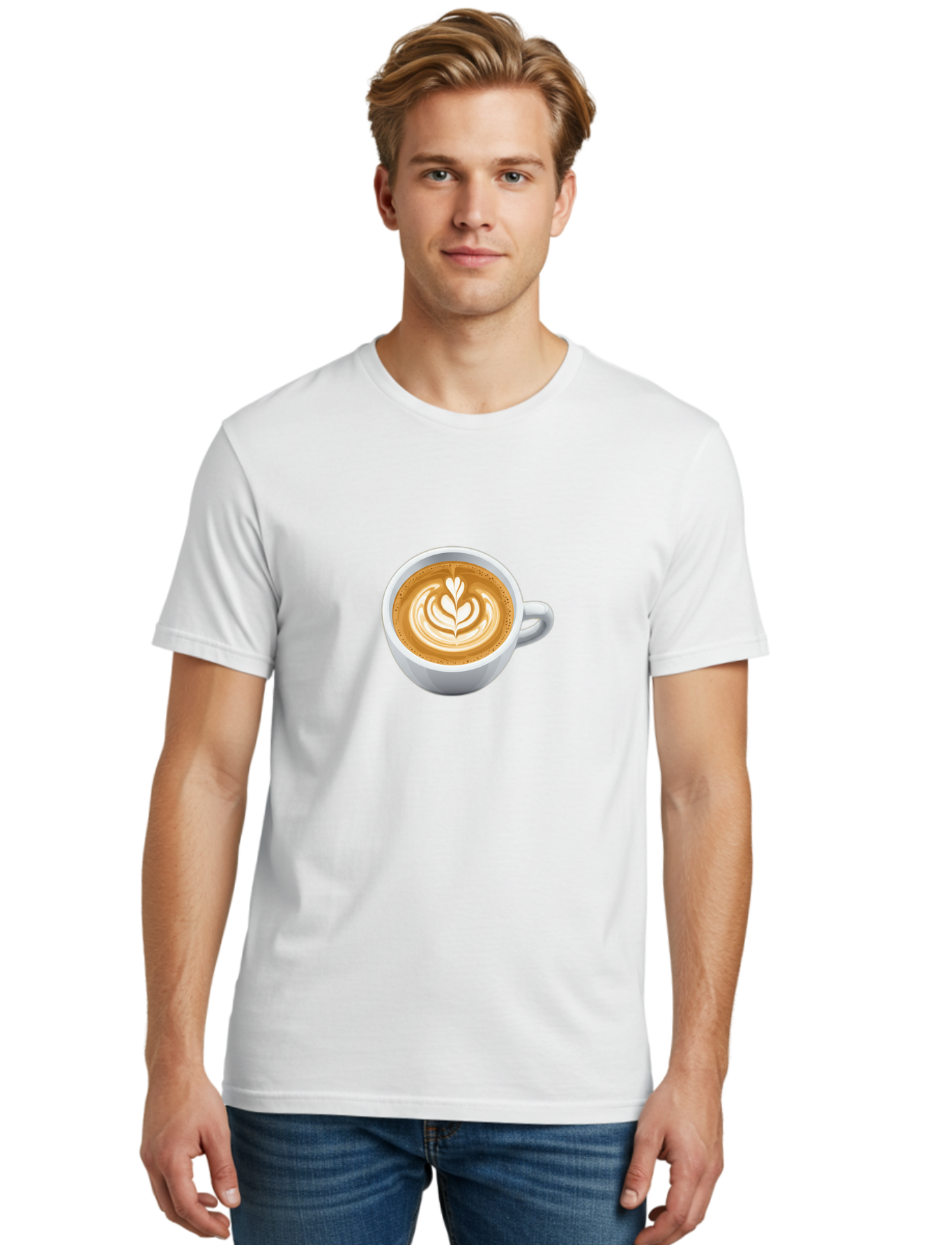 Coffee-Cup-5 Men'S Graphic Tee, 100% Cotton, Comfortable Casual Summer Wear, Machine Washable, Coffee Cup, Latte Art, Morning Coffee, Coffee Break, Caffeine Boost, White Cup, Leaf Design, Frothy Coffee, Coffee Culture Bab790