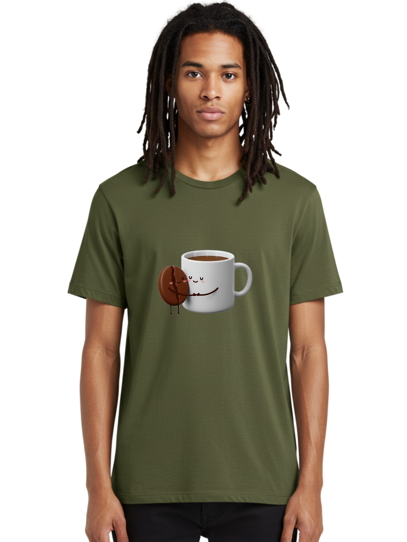 Coffee-Cup-And-Chocolate-Cookie Men'S Graphic Tee, 100% Cotton, Comfortable Casual Summer Wear, Machine Washable, Cartoon Coffee Mug, Chocolate Cookie, Smiling Faces, Cartoon Characters, Adorable Scene, Playful Illustration, Coffee Break, Bab793