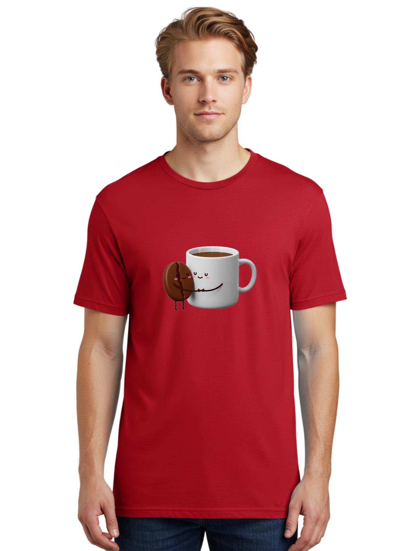 Coffee-Cup-And-Chocolate-Cookie Men'S Graphic Tee, 100% Cotton, Comfortable Casual Summer Wear, Machine Washable, Cartoon Coffee Mug, Chocolate Cookie, Smiling Faces, Cartoon Characters, Adorable Scene, Playful Illustration, Coffee Break, Bab793