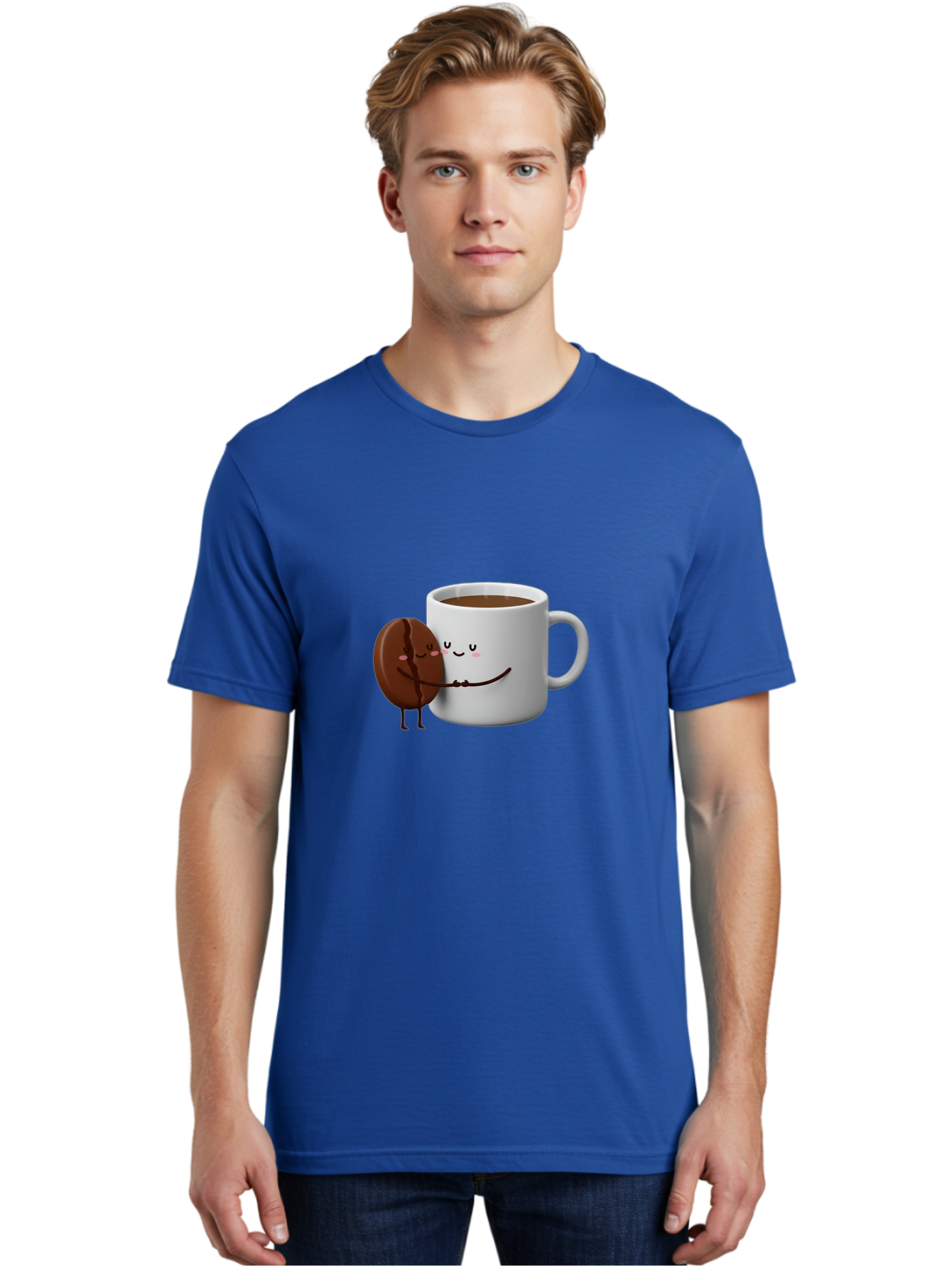 Coffee-Cup-And-Chocolate-Cookie Men'S Graphic Tee, 100% Cotton, Comfortable Casual Summer Wear, Machine Washable, Cartoon Coffee Mug, Chocolate Cookie, Smiling Faces, Cartoon Characters, Adorable Scene, Playful Illustration, Coffee Break, Bab793
