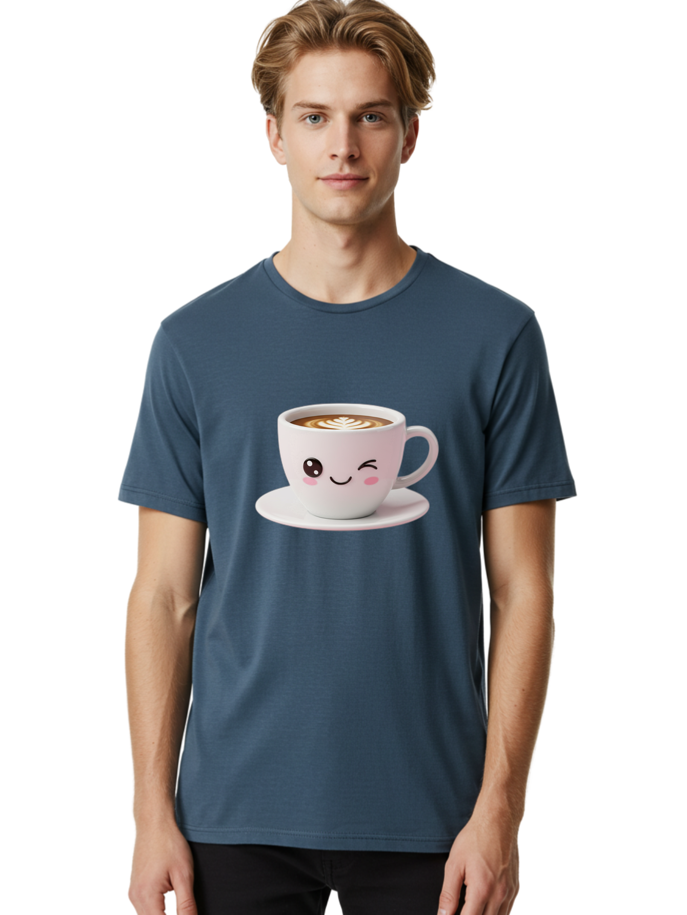 Coffee-Cup-Face Men'S Graphic Tee, 100% Cotton, Comfortable Casual Summer Wear, Machine Washable, Cute Coffee Cup, Coffee Latte Art, Kawaii Character, Adorable Face, Smiling Cup, Coffee Culture, Morning Coffee, Cartoon Style Bab796