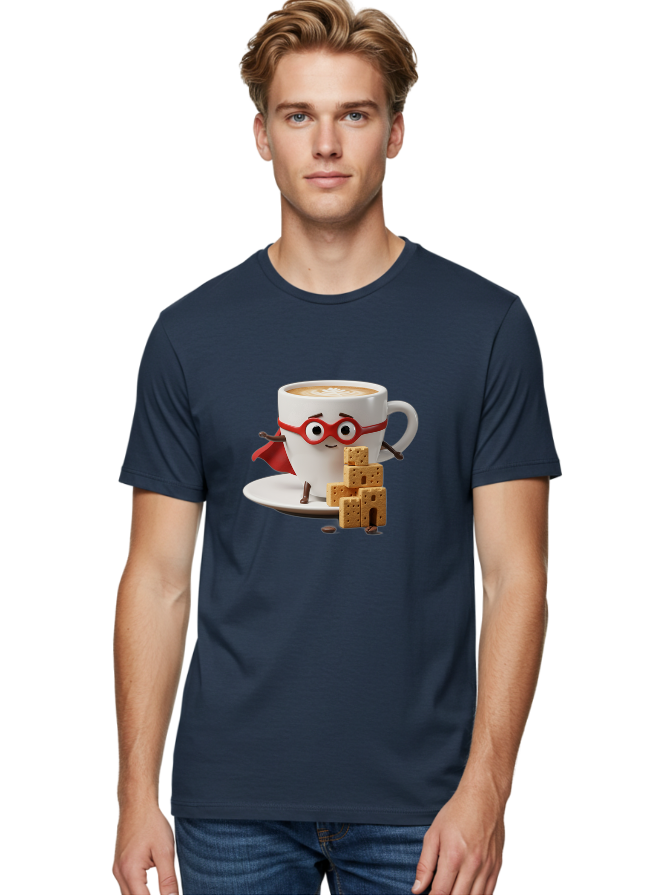 Coffee-Cup-Hero Men'S Graphic Tee, 100% Cotton, Comfortable Casual Summer Wear, Machine Washable, Coffee Cup With Face, Superhero Costume, Red Glasses, Cape, Biscuits, Chocolate Chips, Coffee Lover, Morning Routine, Funny Cartoon Bab797