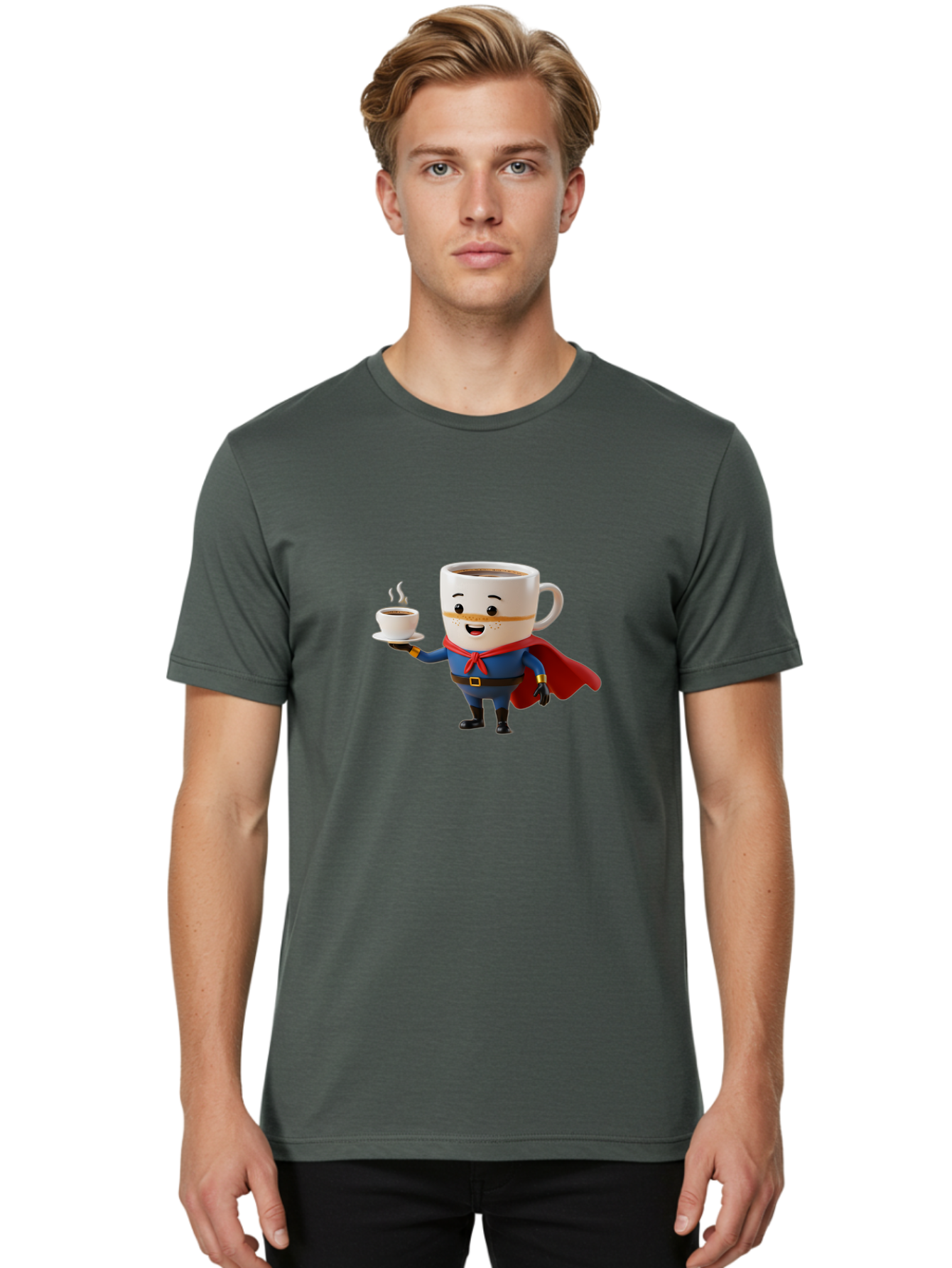 Coffee-Mug-Superhero Men'S Graphic Tee, 100% Cotton, Comfortable Casual Summer Wear, Machine Washable, Cartoon Coffee Mug, Superhero Outfit, Coffee Cup, Steaming Hot Coffee, Red Cape, Blue Uniform, Gold Accents, Quirky Character, Humor, Bab804
