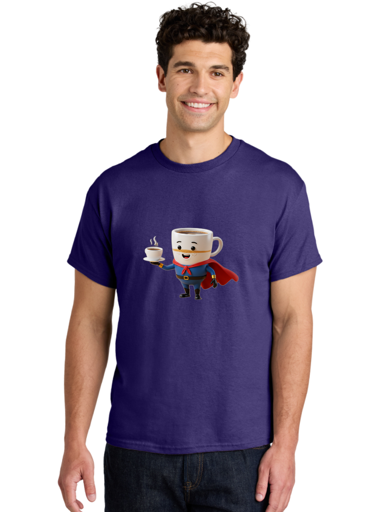 Coffee-Mug-Superhero Men'S Graphic Tee, 100% Cotton, Comfortable Casual Summer Wear, Machine Washable, Cartoon Coffee Mug, Superhero Outfit, Coffee Cup, Steaming Hot Coffee, Red Cape, Blue Uniform, Gold Accents, Quirky Character, Humor, Bab804