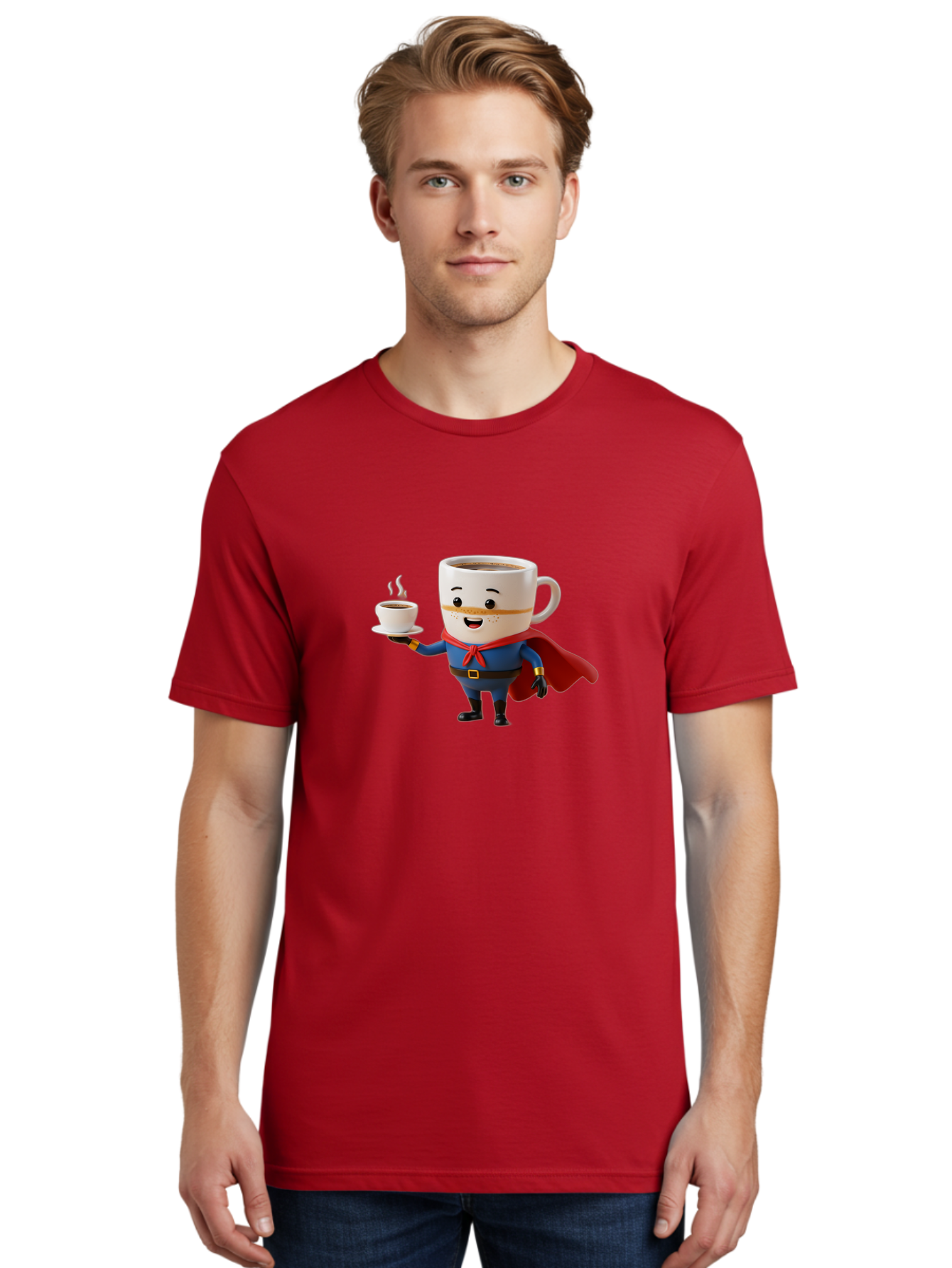 Coffee-Mug-Superhero Men'S Graphic Tee, 100% Cotton, Comfortable Casual Summer Wear, Machine Washable, Cartoon Coffee Mug, Superhero Outfit, Coffee Cup, Steaming Hot Coffee, Red Cape, Blue Uniform, Gold Accents, Quirky Character, Humor, Bab804
