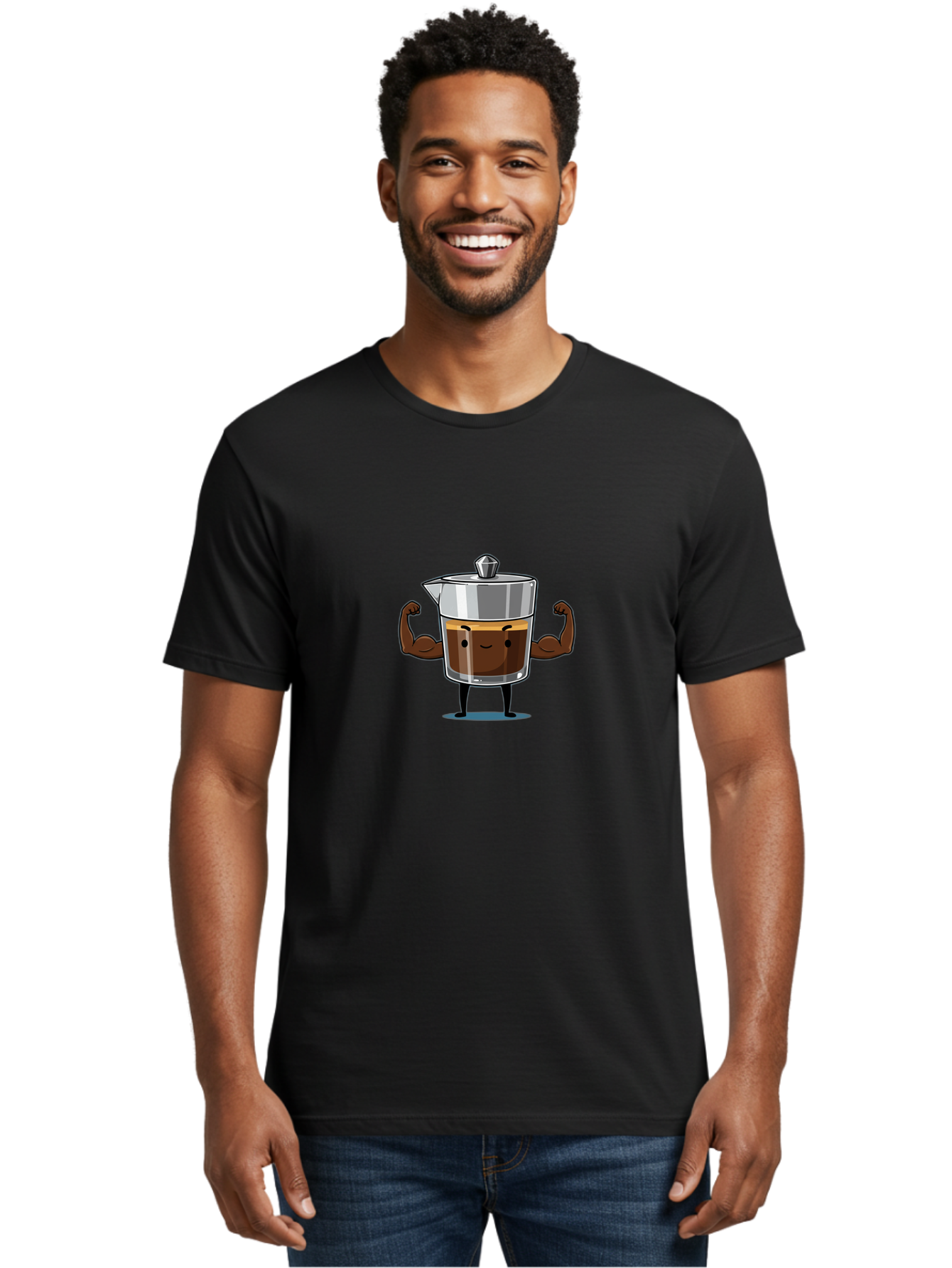 Coffee-Pot Men'S Graphic Tee, 100% Cotton, Comfortable Casual Summer Wear, Machine Washable, Coffee Pot Character, Flexing Arms, Strong Coffee, Cartoon Coffee, Humorous Design, Coffee Humor, Funny Coffee, Coffee Love, Morning Coffee Bab806
