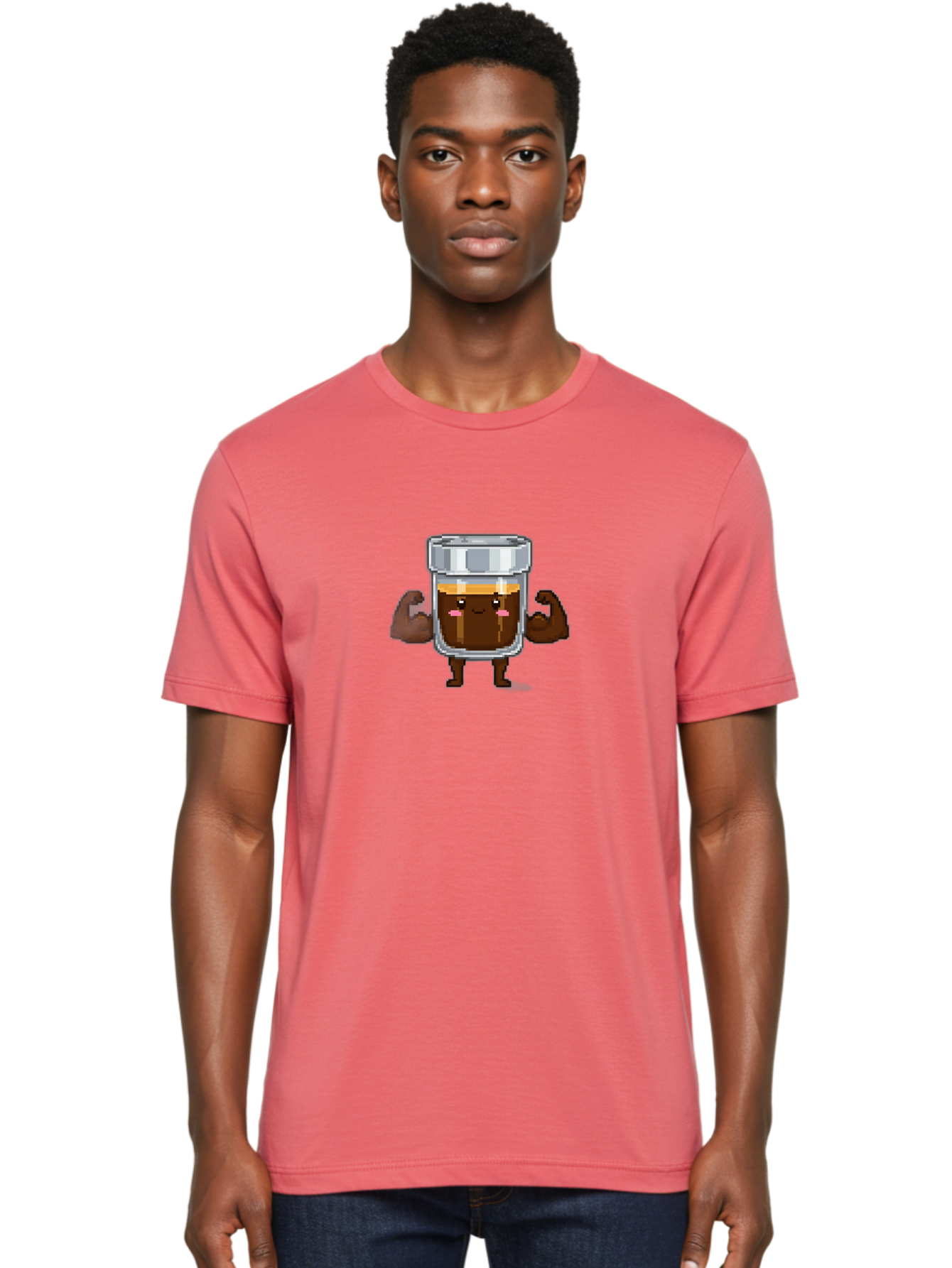 Cold-Brew Men'S Graphic Tee, 100% Cotton, Comfortable Casual Summer Wear, Machine Washable, Flexible Coffee, Coffee In A Jar, Caffeine Boost, Cartoon Character, Strong And Fit, Humorous Illustration, Pixel Art Bab809