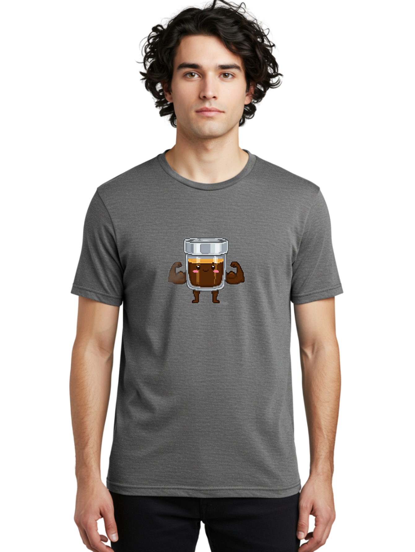 Cold-Brew Men'S Graphic Tee, 100% Cotton, Comfortable Casual Summer Wear, Machine Washable, Flexible Coffee, Coffee In A Jar, Caffeine Boost, Cartoon Character, Strong And Fit, Humorous Illustration, Pixel Art Bab809