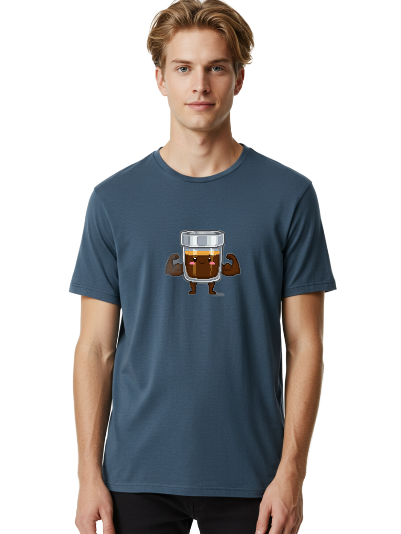 Cold-Brew Men'S Graphic Tee, 100% Cotton, Comfortable Casual Summer Wear, Machine Washable, Flexible Coffee, Coffee In A Jar, Caffeine Boost, Cartoon Character, Strong And Fit, Humorous Illustration, Pixel Art Bab809