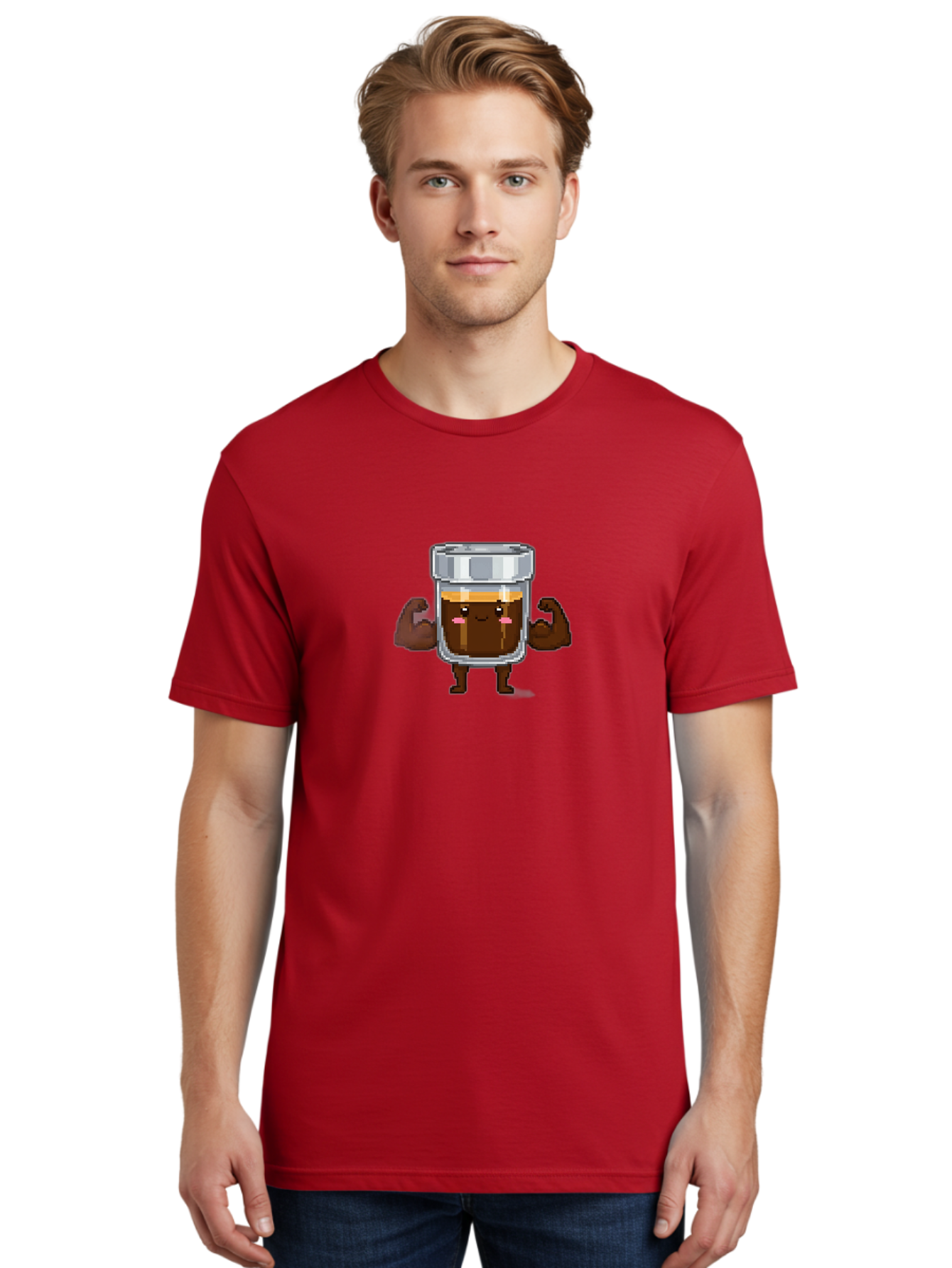 Cold-Brew Men'S Graphic Tee, 100% Cotton, Comfortable Casual Summer Wear, Machine Washable, Flexible Coffee, Coffee In A Jar, Caffeine Boost, Cartoon Character, Strong And Fit, Humorous Illustration, Pixel Art Bab809