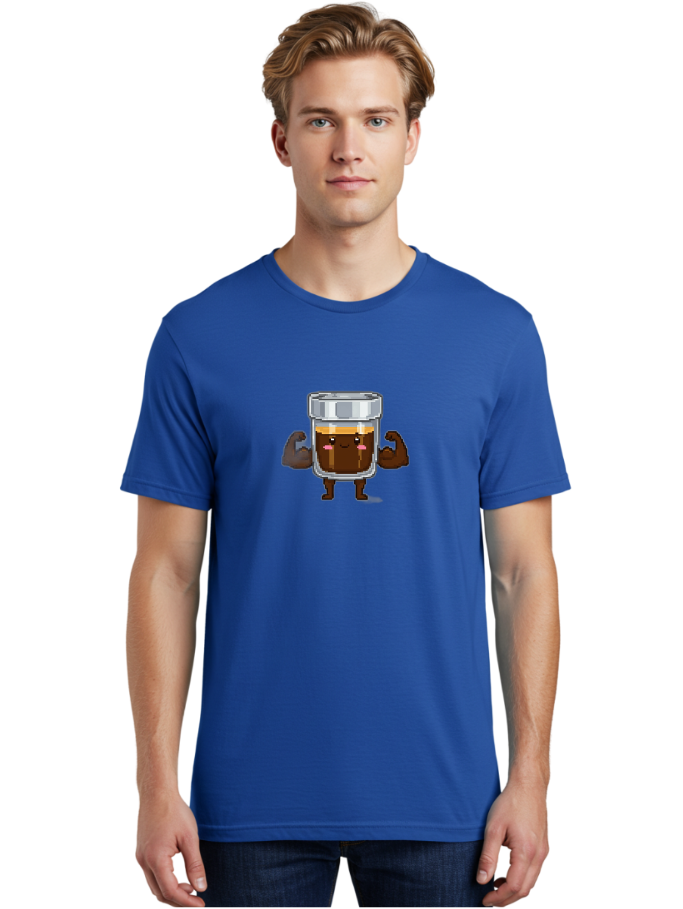 Cold-Brew Men'S Graphic Tee, 100% Cotton, Comfortable Casual Summer Wear, Machine Washable, Flexible Coffee, Coffee In A Jar, Caffeine Boost, Cartoon Character, Strong And Fit, Humorous Illustration, Pixel Art Bab809