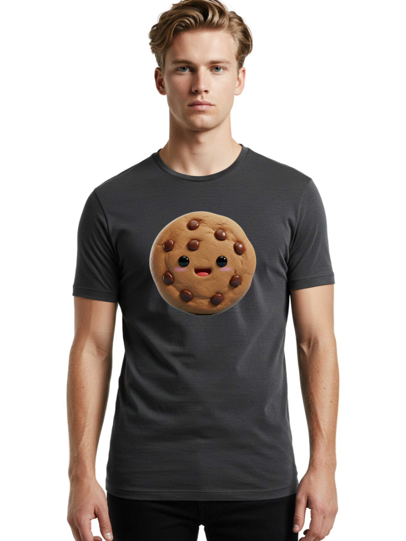 Cookie Men'S Graphic Tee, 100% Cotton, Comfortable Casual Summer Wear, Machine Washable, Chocolate Chip Cookie, Cartoon Cookie, Cookie Character, Cookie Face, Cute Cookie, Cookie Smile, Cookie Eyes, Cookie Mouth, Chocolate Chips Bab811