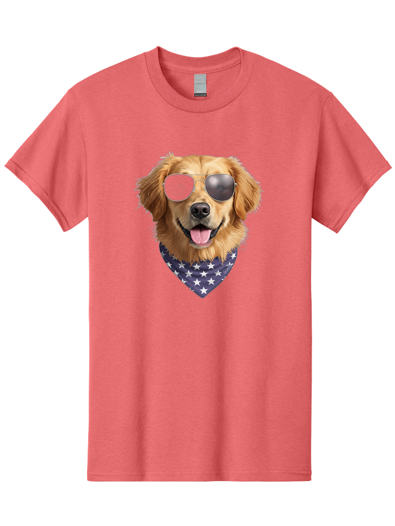 Cool-Dog-1 Men'S Graphic Tee, 100% Cotton, Comfortable Casual Summer Wear, Machine Washable, Funny Dog, Golden Retriever, Sunglasses, Patriotic Bandana, White Stars, Cool Canine, Dog Portrait, Stylish Pet, Playful Pup, American Flag Style Bab812