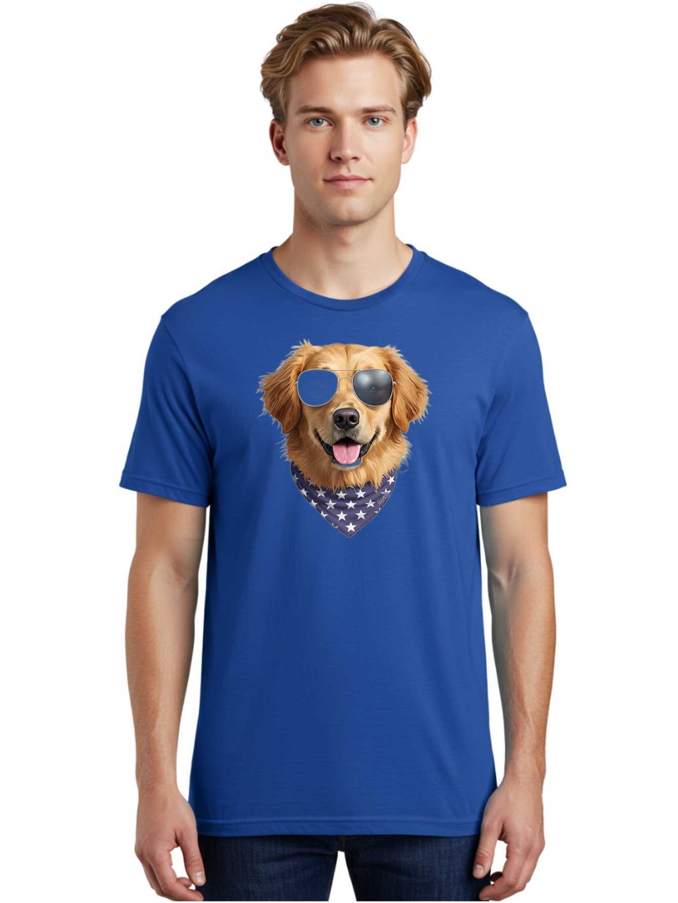Cool-Dog-1 Men'S Graphic Tee, 100% Cotton, Comfortable Casual Summer Wear, Machine Washable, Funny Dog, Golden Retriever, Sunglasses, Patriotic Bandana, White Stars, Cool Canine, Dog Portrait, Stylish Pet, Playful Pup, American Flag Style Bab812