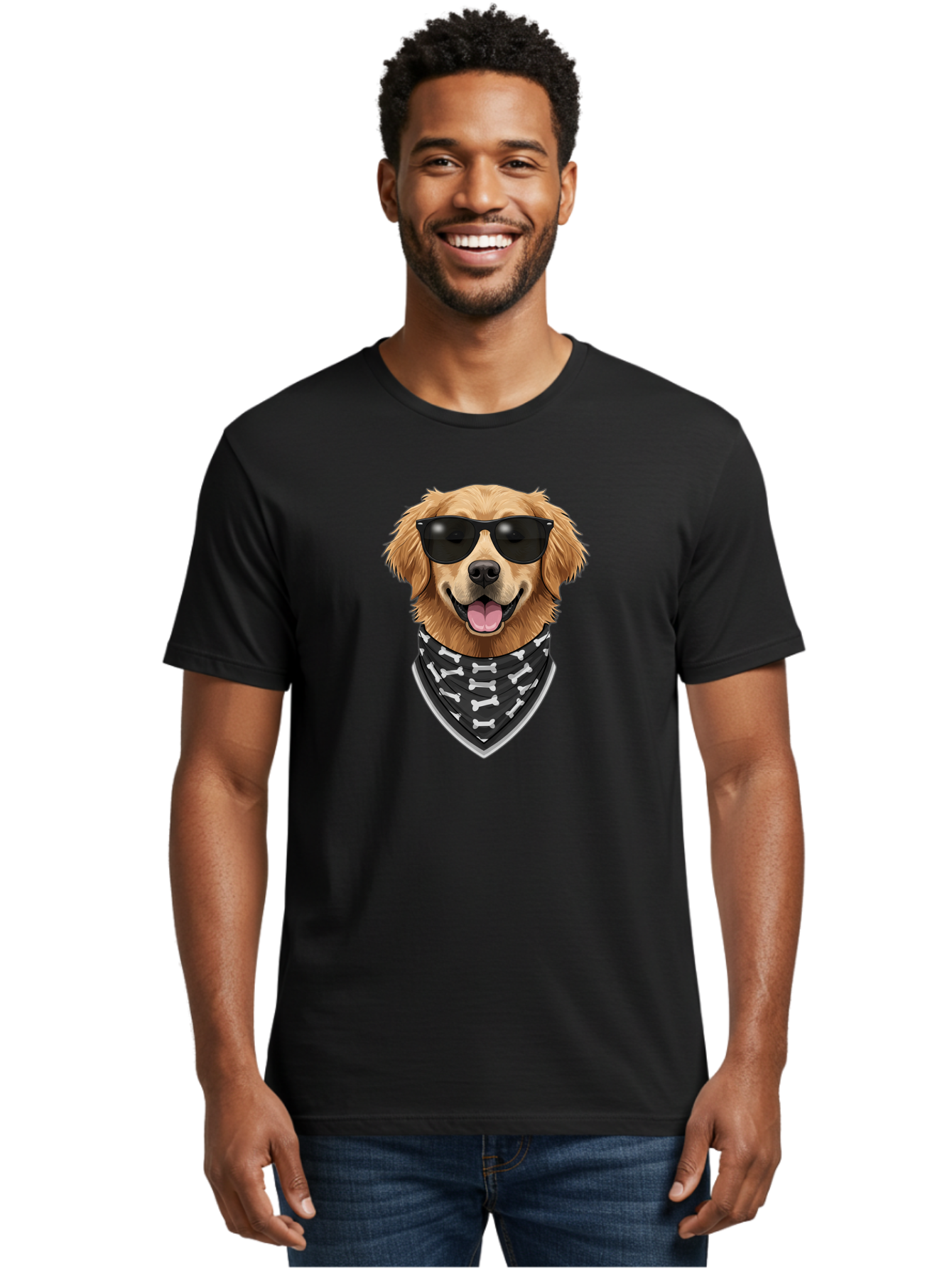 Cool-Dog-2 Men'S Graphic Tee, 100% Cotton, Comfortable Casual Summer Wear, Machine Washable, Golden Retriever Dog, Sunglasses, Bandana, Bone Pattern, Dog Fashion, Cool Dog, Cartoon Style, Humor, Fun Design Bab813